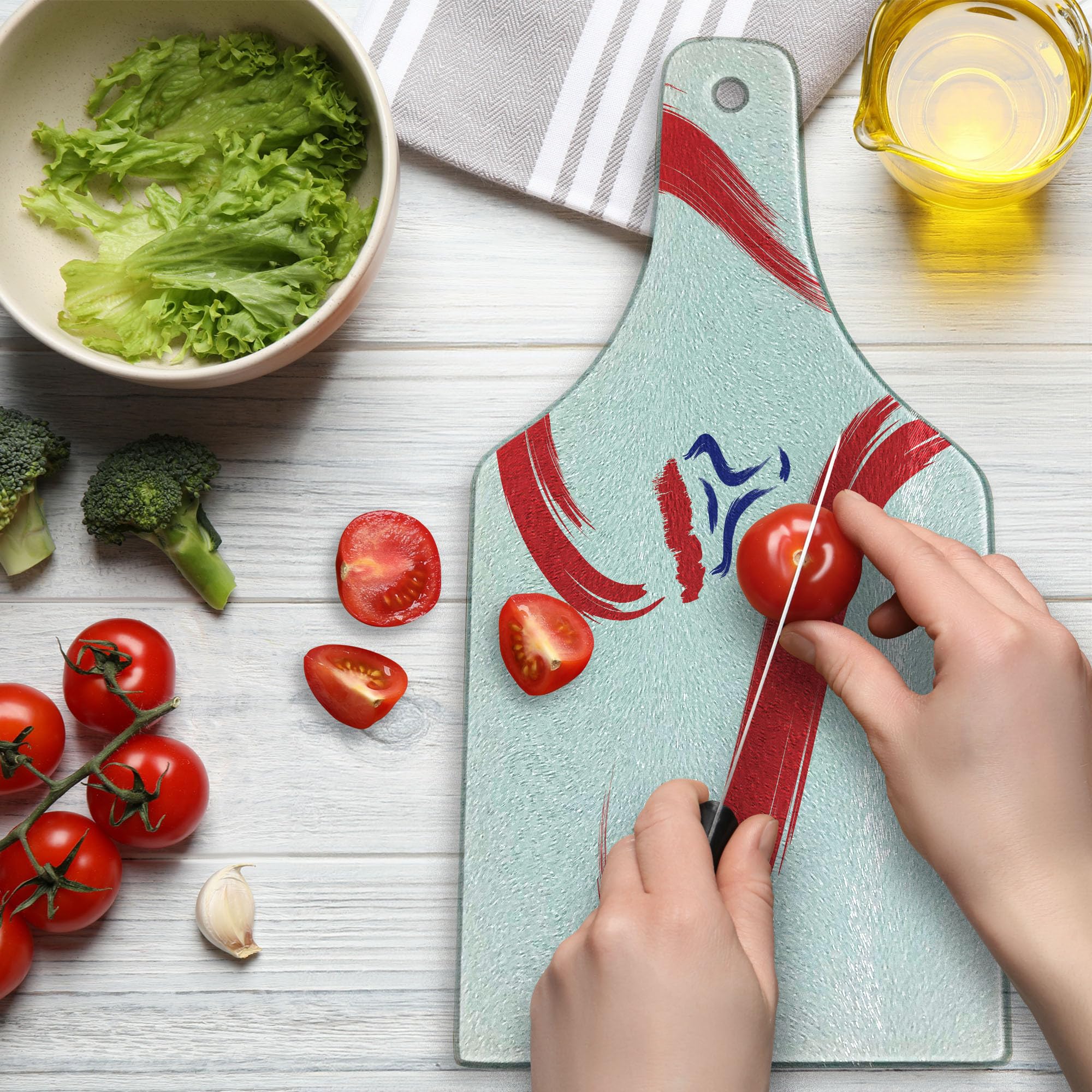 Ambesonne Love Heart Cutting Board - Romantic Brush Drawing Heart Symbol, Tempered Glass Serving Board for Kitchen & Dining - Unique Wine Bottle Shape, Red Blue White Design - Perfect for Valentine's Day Gifts, Anniversary Presents & Couples Cooking Together
