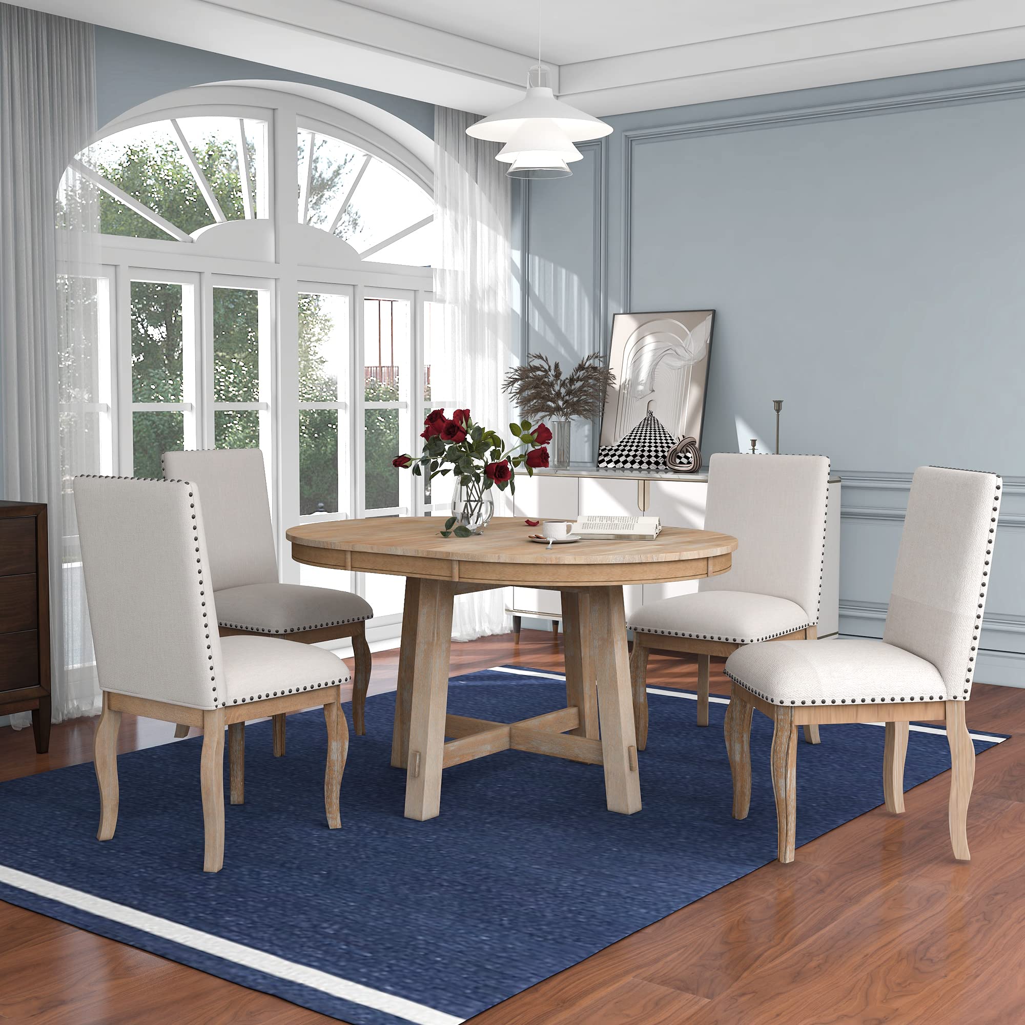 5-Piece Extendable Round Dining Table Set with 4 Upholstered Chairs - Farmhouse Retro Style Wooden Table for 4-6 People - Natural Wood Finish - Perfect for Small Kitchens, Dining Rooms & Cozy Family Gatherings