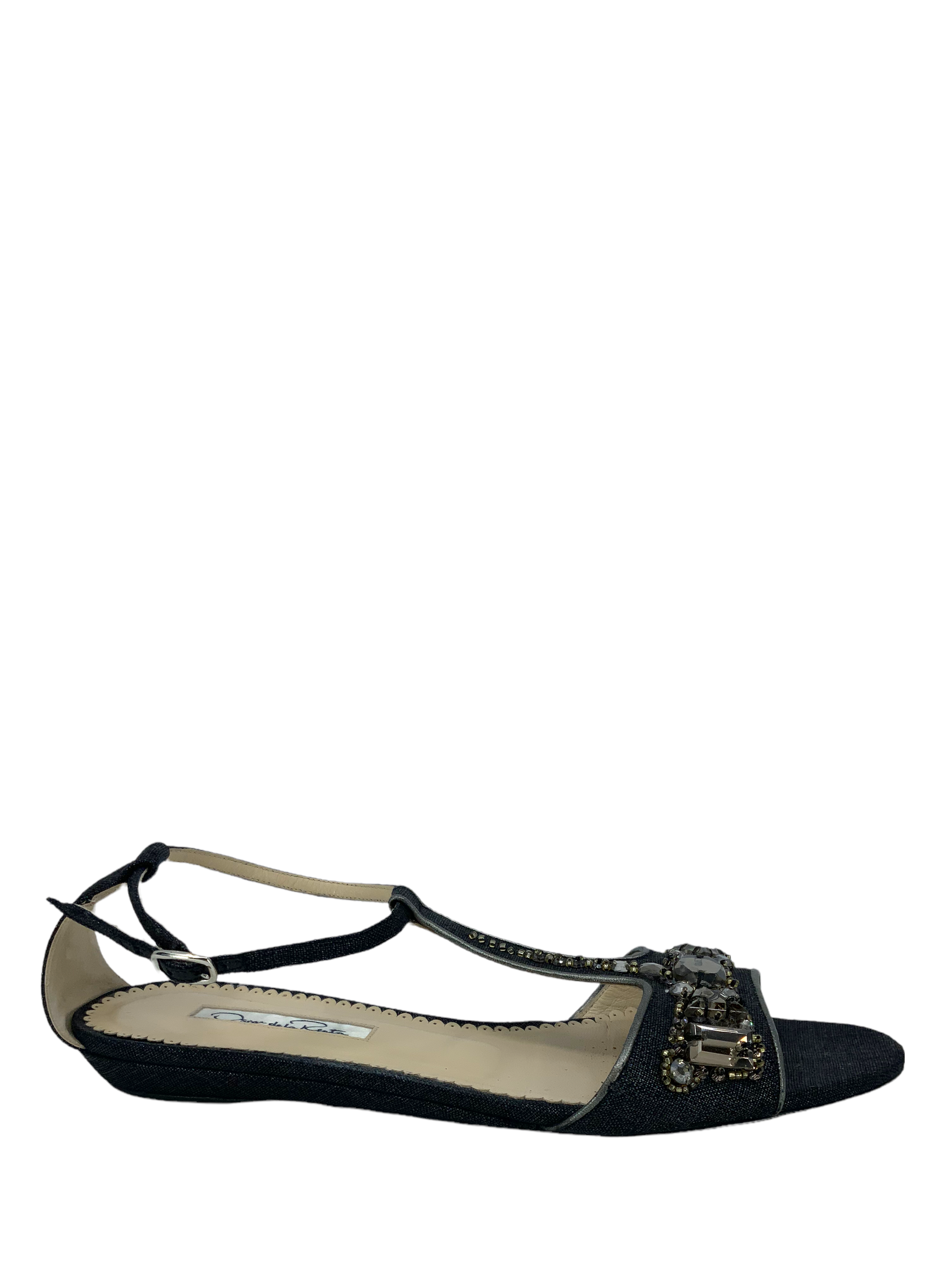 Oscar de la Renta Embellished T-Strap Flat Sandals for Women | Size 8 | Comfortable Summer Shoes for Beach, Wedding & Casual Outings