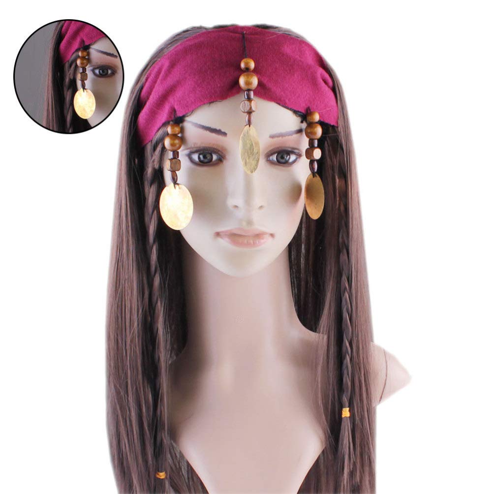 Amosfun Halloween Pirate Wig for Women & Girls - Long Curly Cosplay Costume Wig with Headdress - Perfect for Halloween Parties, Cosplay Events & Themed Dress-Up