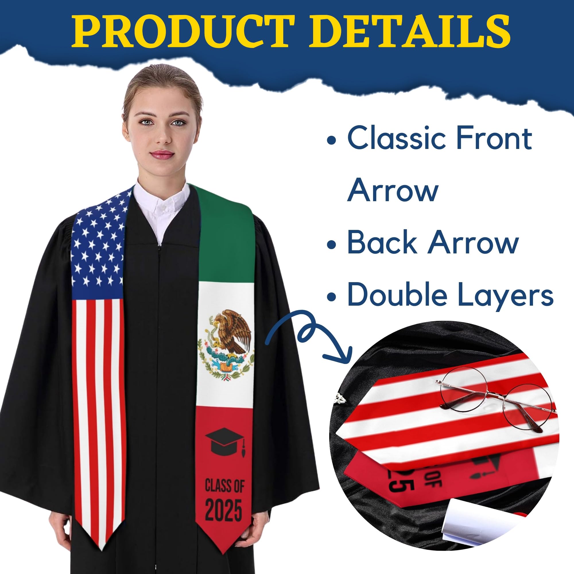 2025 Graduation Stole & Sash - 72 Inch Class of 2025 Flag Stole for High School & College Graduation Ceremony - Perfect for Graduation Day Photos & Commencement Events