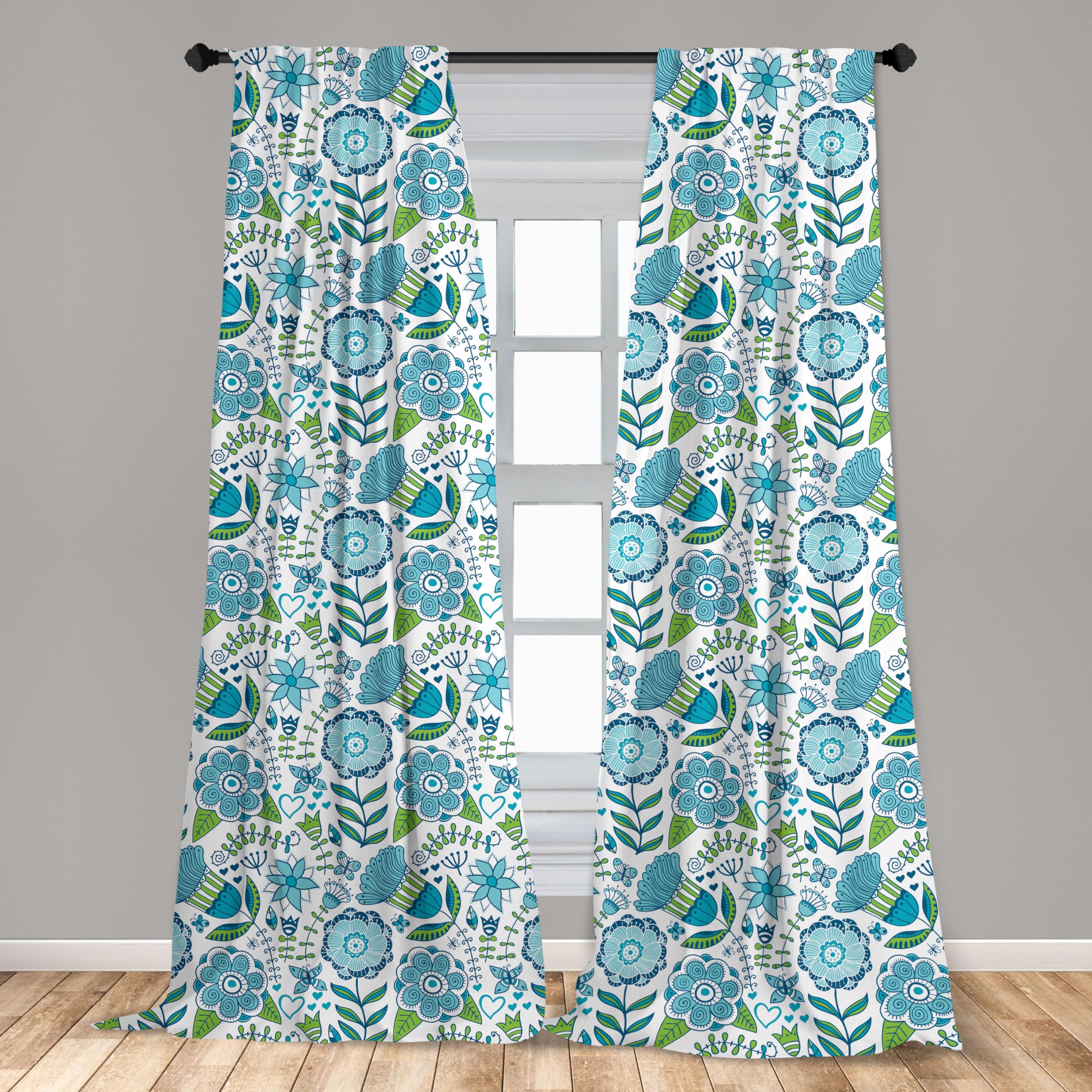 Ambesonne Nature-Inspired Window Curtains - Blue & Green Doodle Floral with Butterflies & Dragonflies, Lightweight 2-Panel Set with Rod Pocket, 28