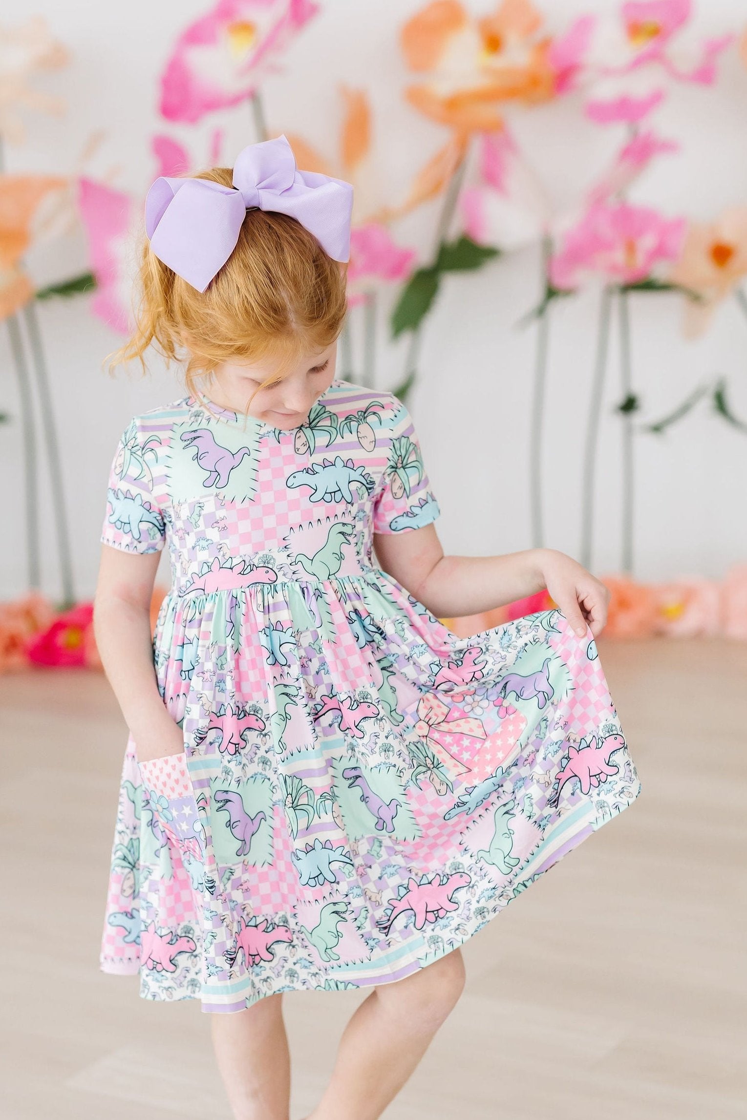 Quilted Dinosaur Short Sleeve Pocket Twirl Dress for Girls - Playful & Comfortable Summer Outfit for Parties, Playdates & Special Occasions