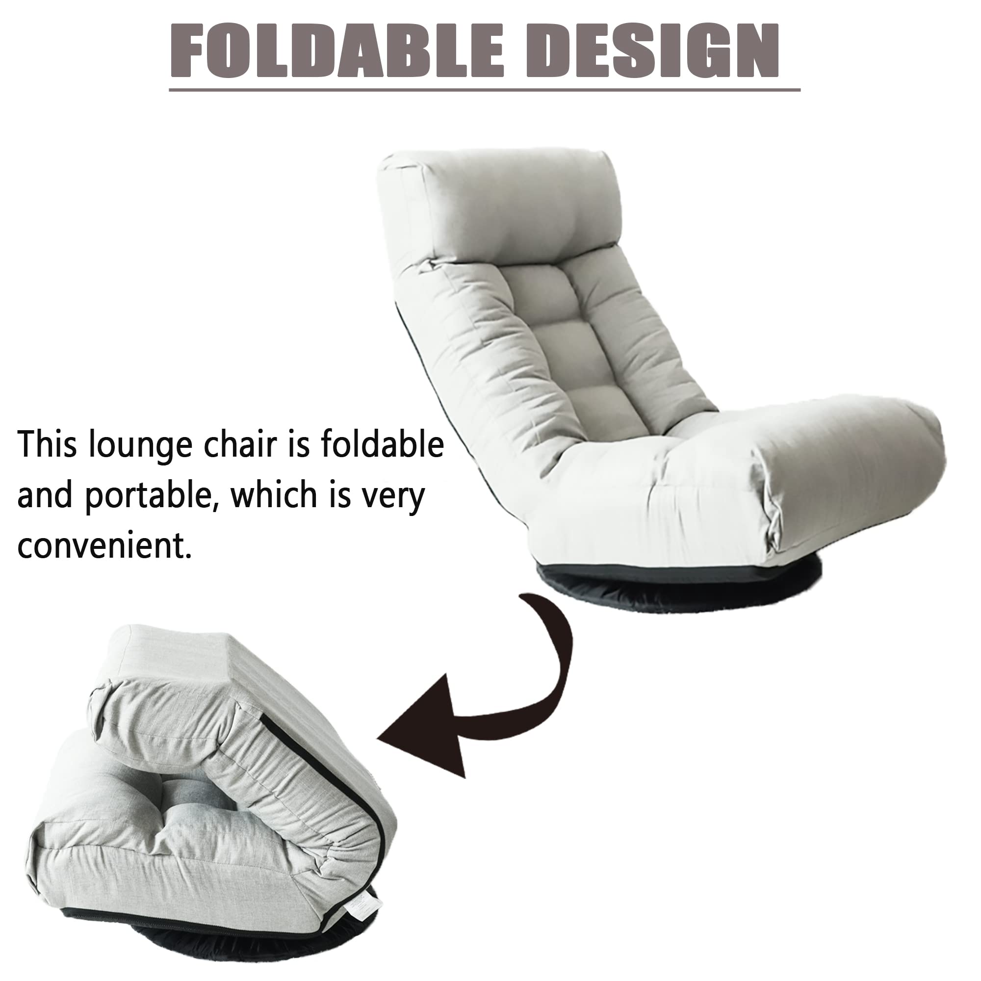 Merax Adjustable Floor Chair - 3-Position Foldable Chaise Lounge with Cushioned Backrest & Footstool - Comfortable Swivel Gaming Chair for Bedroom, Office, or Living Room - Light Grey - Perfect for Reading, Gaming, and Relaxing