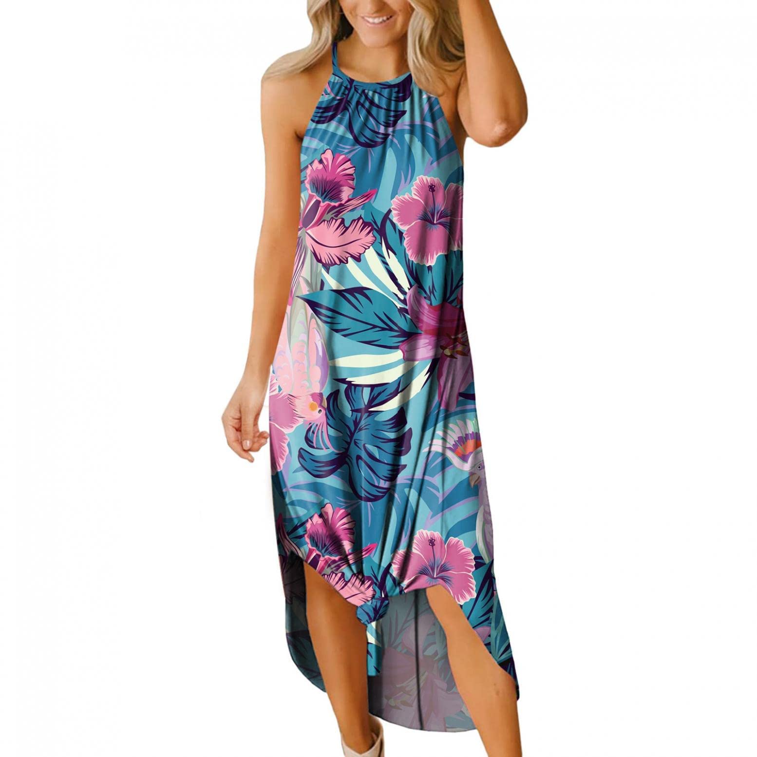 **Women's Floral Maxi Dress - Plus Size Summer Beach Vacation Dress with Cross Round Neck & Sleeveless Design - Casual Loose T-Shirt Style Long Dress for Travel, Poolside, and Outdoor Events**