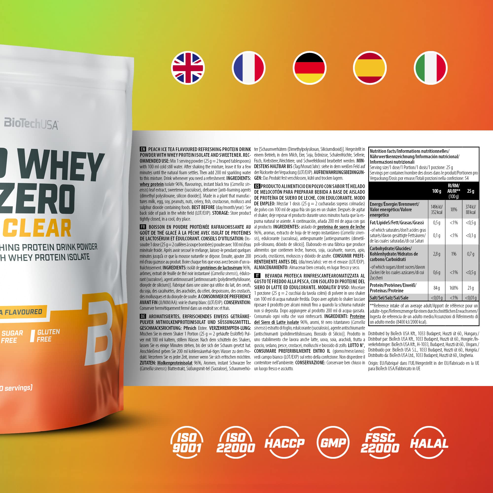 BioTechUSA Iso Whey Zero Clear Protein Powder - Peach Ice Tea Flavor, 1000g | Low Carb, Lactose-Free Whey Isolate for Post-Workout Recovery & Muscle Growth | Perfect for Gym, Fitness & Healthy Lifestyle