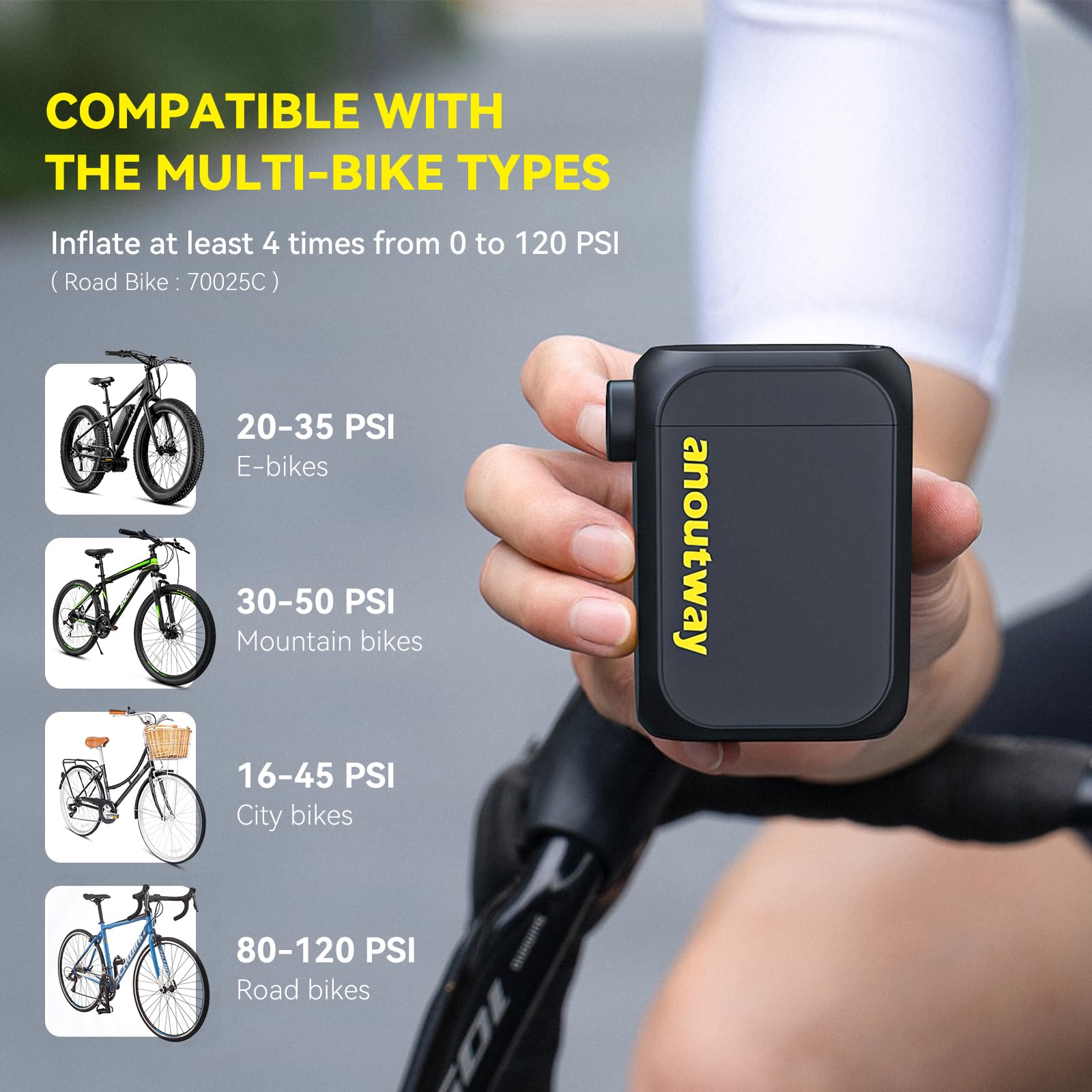 Rechargeable Electric Bike Pump 120 PSI - Mini Portable Tire Inflator with Auto Stop, Presta & Schrader Valve for E-Bike, Mountain, City & Road Bicycles - Perfect for On-the-Go Cycling & Emergency Tire Inflation