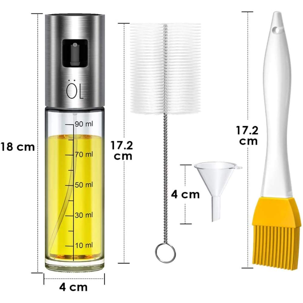 Stainless Steel Oil Sprayer - 100ml Refillable Olive Oil Mister Dispenser for Cooking, Grilling, Roasting, Salad & Air Fryer | Includes Bottle Brush, PP Brush & Funnel | Perfect for Kitchen, BBQ & Healthy Cooking