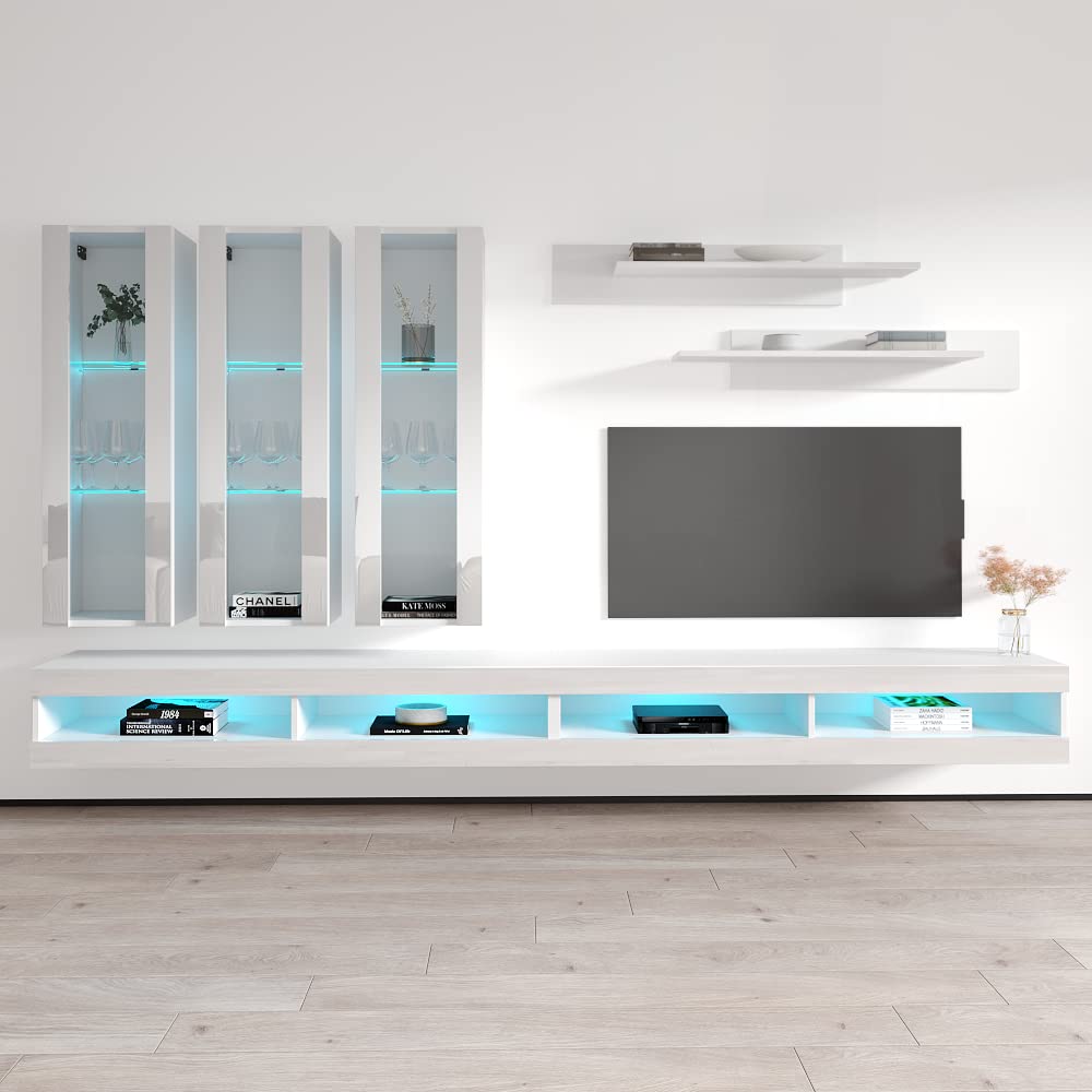 Modern White Wall-Mounted TV Stand with Storage Shelves & LED Lights - Floating Entertainment Center Console for Bedroom & Living Room - Perfect for Small Spaces & Home Theater Setup - Meble Furniture Fly E3 34