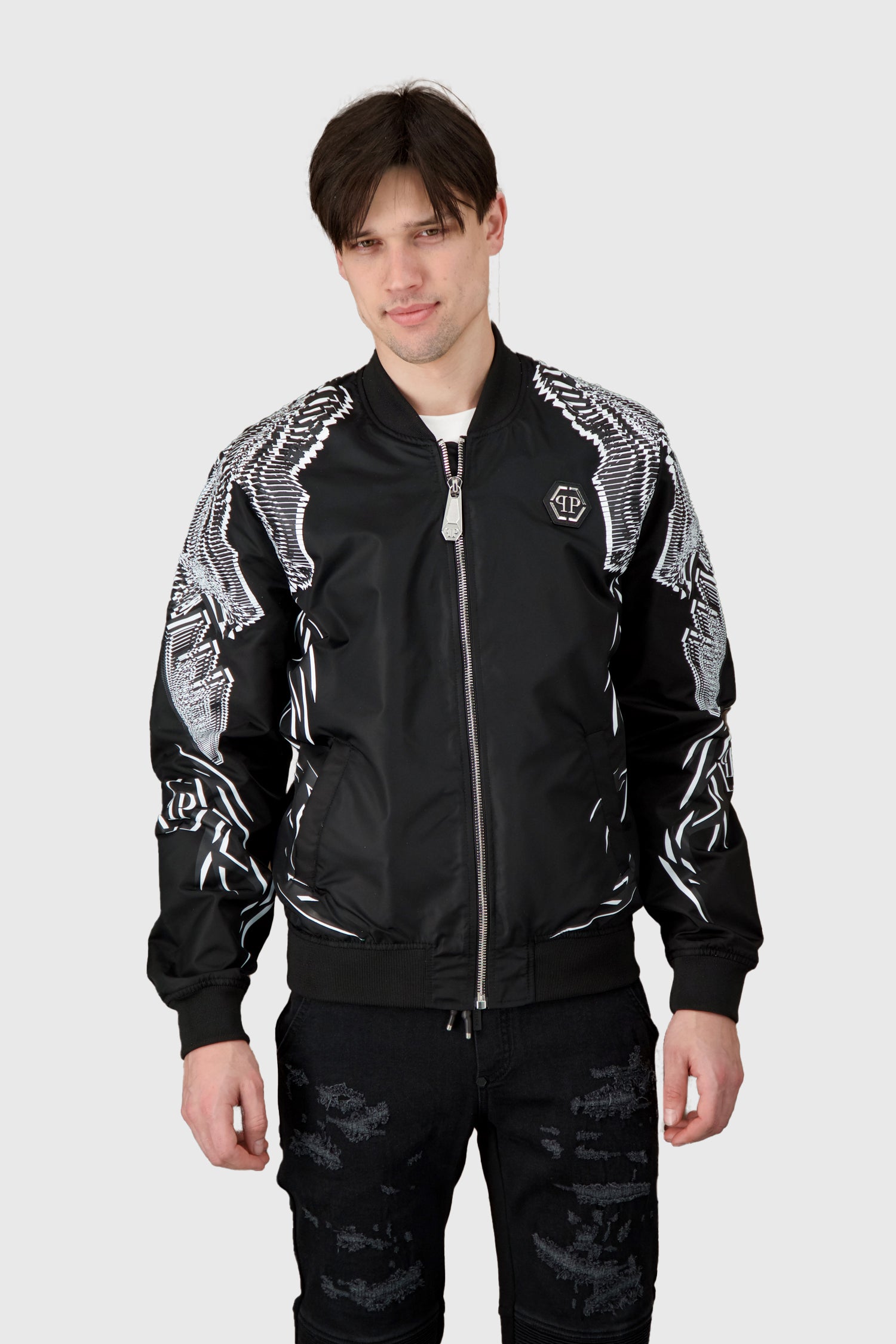 Philipp Plein Black Foulard Texture Bomber Jacket for Men | Stylish Lightweight Outerwear for Casual Wear & Night Out