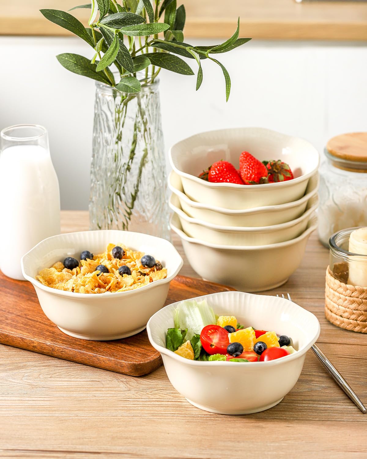 Hasense 20 oz Ceramic Soup Bowls Set of 6 - Microwave & Dishwasher Safe Cereal Bowls for Soup, Noodles, Salad, Fruits - Oven Safe Kitchenware for Daily Use & Housewarming Gifts (Lotus Design, Beige) - Perfect for Family Dinners, Parties & Meal Prep