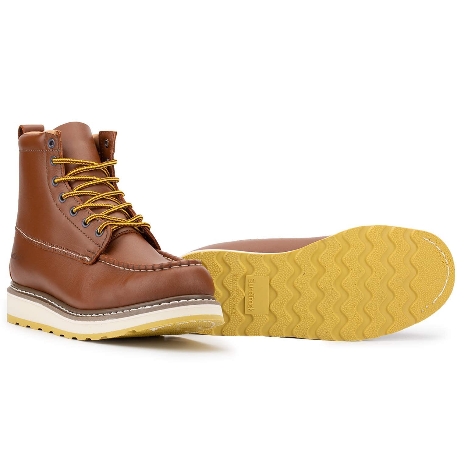 Men's Stylish Classic 6-8 Inch Soft Moc Toe EH Leather Work Boots - Non-Slip Wedge Outsole, Goodyear Storm Welt - Perfect for Construction, Outdoor Work & Heavy Duty Use