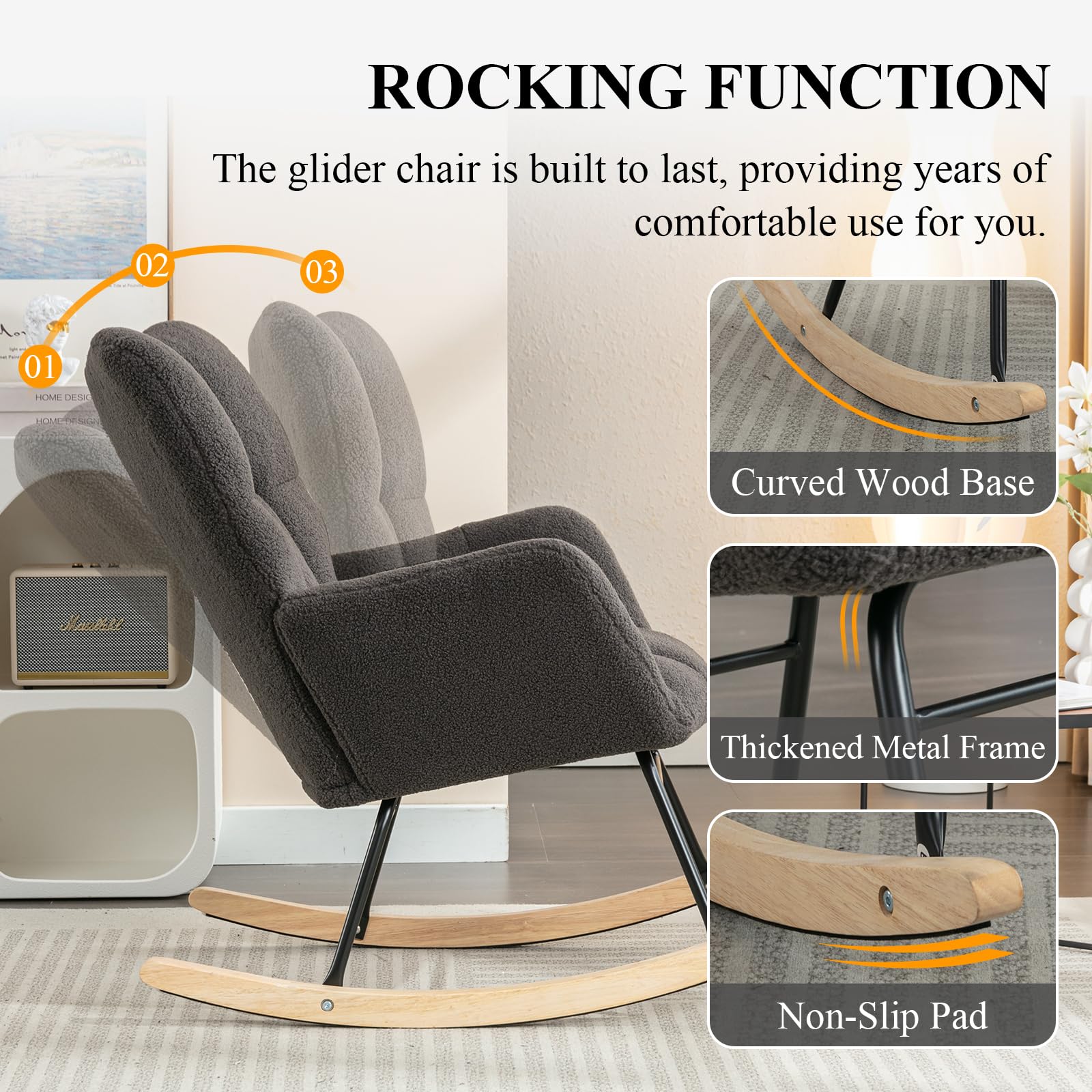 **Nursery Rocking Chair - Teddy Upholstered Glider Rocker with High Backrest, Metal Legs, Accent Armchair for Living Room, Nursery, or Reading - Dark Gray - Perfect for Relaxing, Nursing, and Storytime**