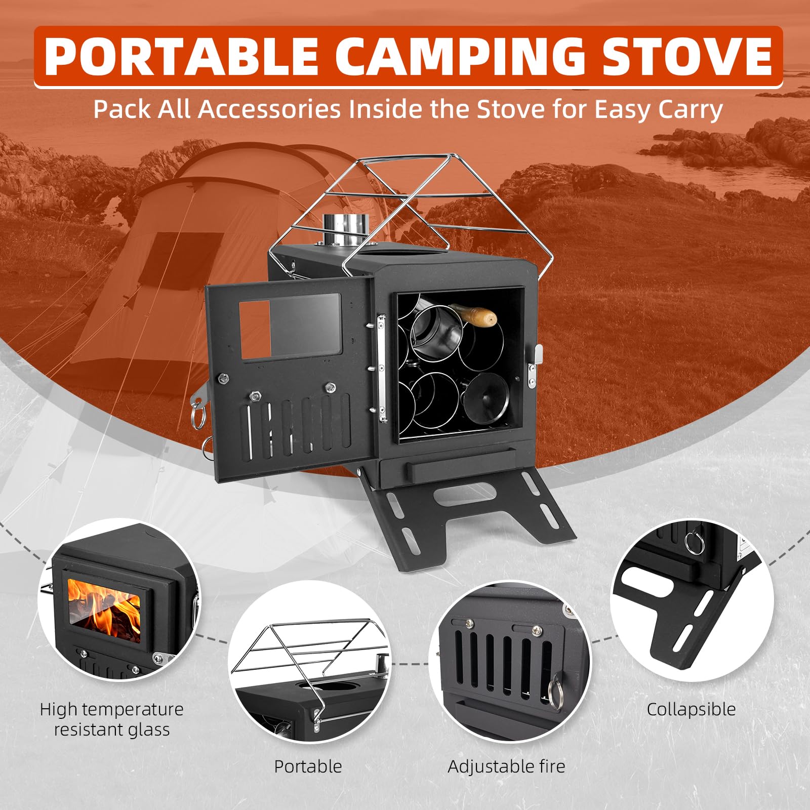 Portable Wood Burning Camping Tent Stove - Lightweight Stainless Steel Stove for Outdoor Adventures, Hiking, Hunting & Ice Fishing with Chimney Pipe - Perfect for Camping Trips, Backpacking & Winter Survival Gear