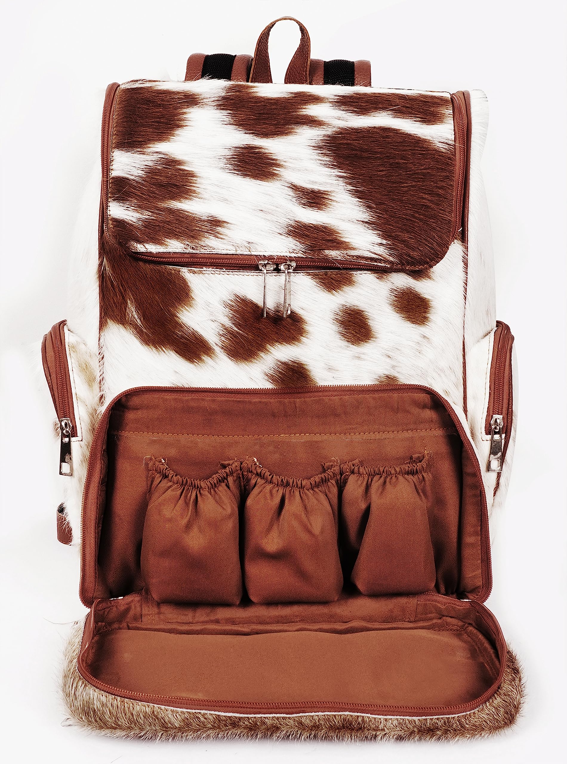 Premium Cowhide Hair Print Diaper Backpack - Stylish Brown & White Travel Shoulder Bag for Moms | Waterproof Baby Essentials Organizer | Perfect for Parenting, Outings & Air Travel