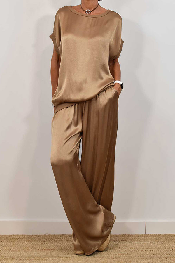 Women's Satin Solid Color Loose Short Sleeve Top & Elastic Waist Lace-Up Pocket Wide Leg Pants Set - Casual Outfit for Summer, Beach, Vacation and Lounge Wear