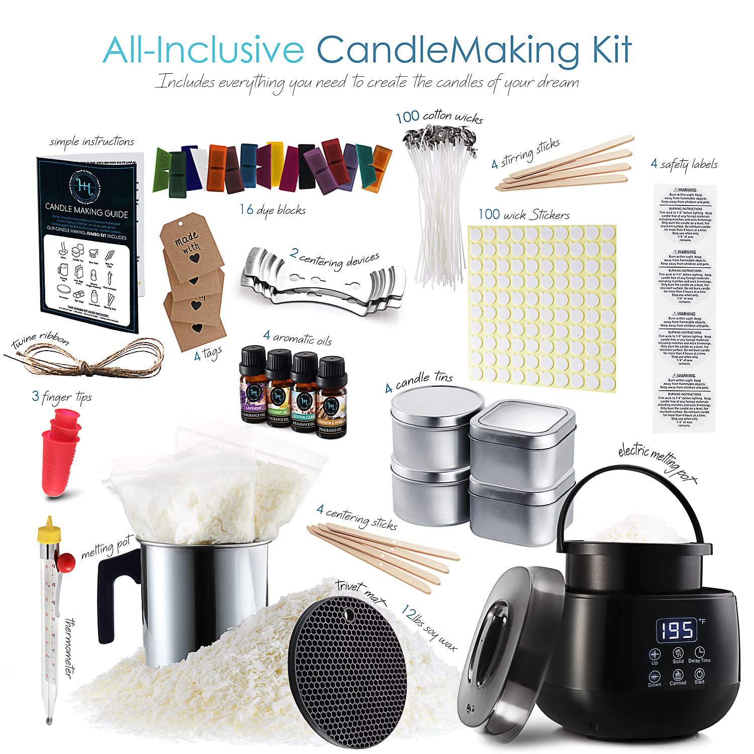 Hearth & Harbor DIY Soy Candle Making Kit for Adults & Kids - 12 Lbs Soy Wax with Electric Melter, Fragrance Oils, Wicks & Supplies - Complete Beginner Candle Making Set for Home Decor, Gifts & Relaxation
