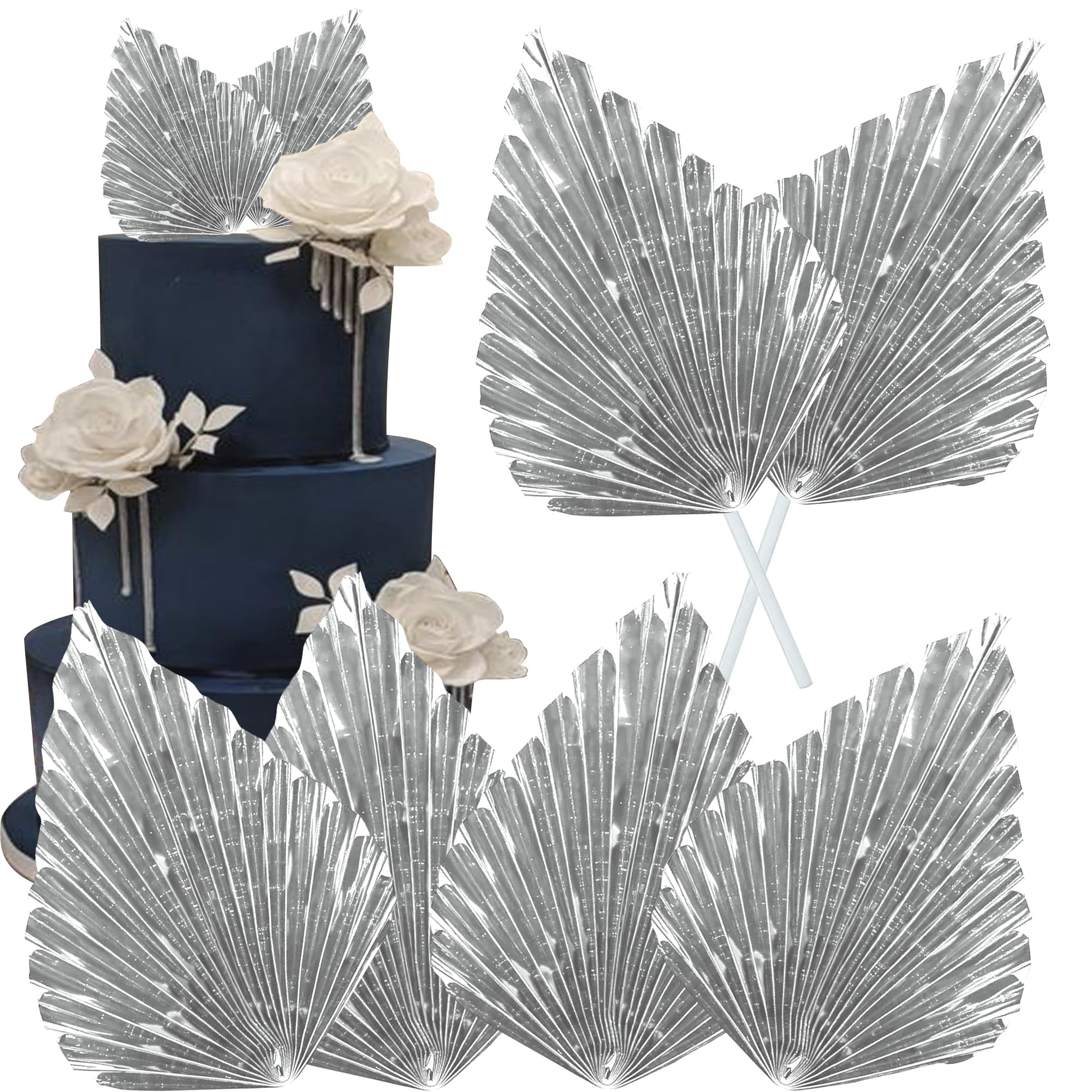 6 PCS Silver Palm Leaf Cake Toppers - DIY Cupcake Decorations for Baby Showers, Weddings & Birthday Parties | Cake Picks, Fan Spear Leaves for Tropical Themed Desserts