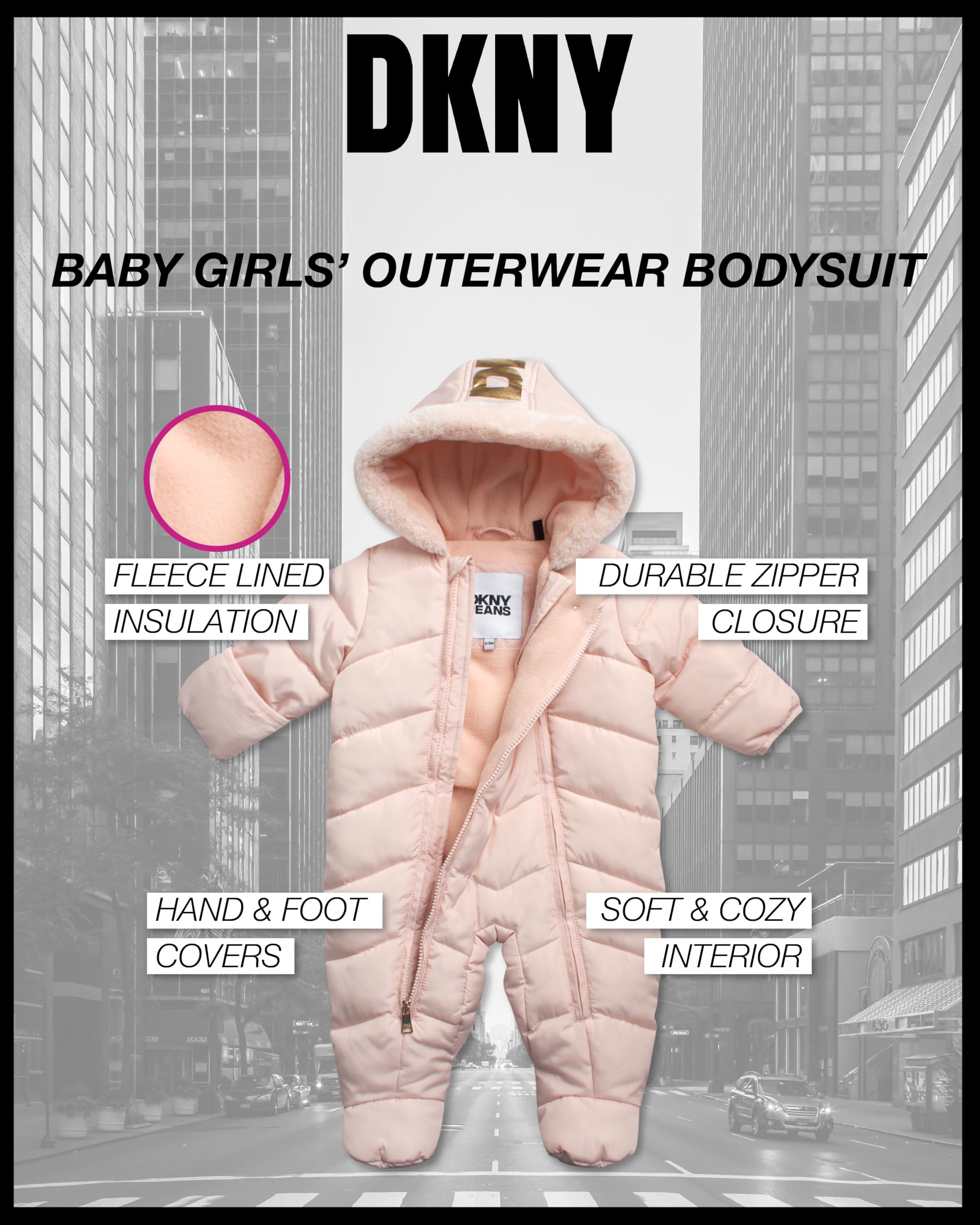 DKNY Baby Girls’ Hooded Fleece-Lined Winter Snowsuit – Warm Zip-Up Snow Pram Jacket for Newborns & Infants (0-24 Months) – Perfect for Winter Outings, Snow Play & Cold Weather Protection
