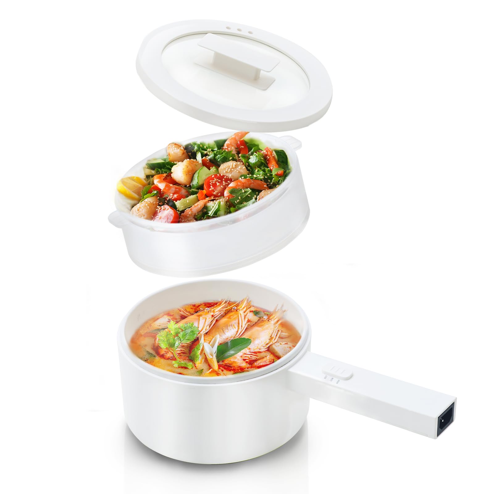 Electric Hot Pot with Steamer - 1.5L Ceramic Non-Stick Portable Multi-Cooker for Dorm, Office & Travel | Perfect for Hot Pot, Ramen, Pasta, Steak & More | Dual Power Fast Heating Mini Cooking Pot