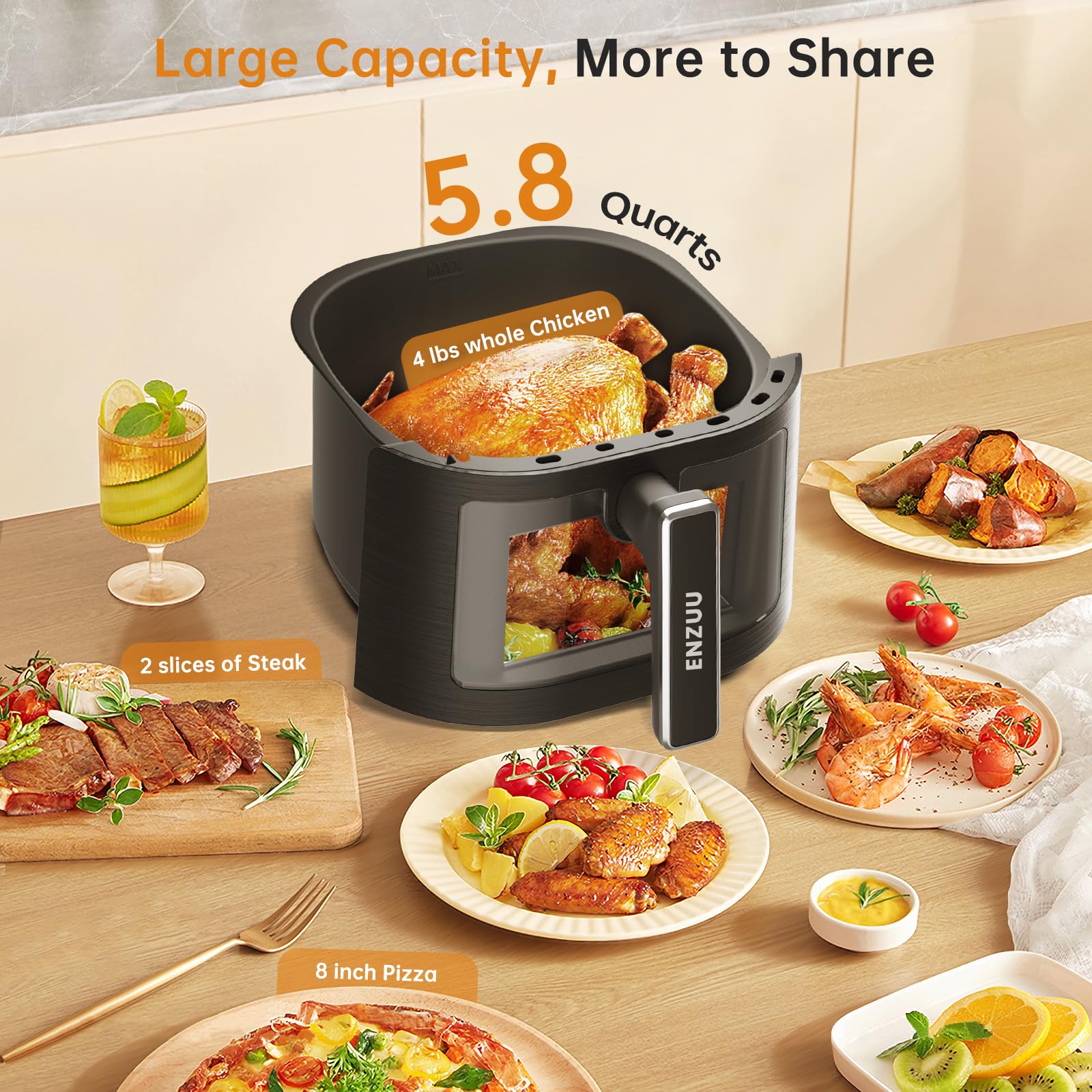11-in-1 Large 5.8 QT Air Fryer with View Window - 450℉ Max Temperature for Crispy Food, 85% Less Oil - Fast Roast, Bake, Preheat & Shake Function - Non-Stick Basket for Easy Cleaning - Includes Recipe Book - Perfect for Family Dinners, Healthy Snacks & Quick Frozen Meals
