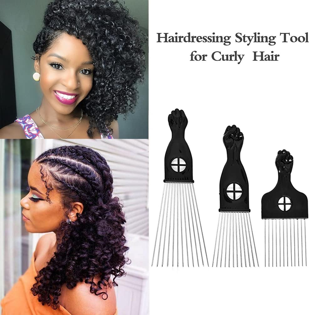 MODSIGHT Afro Pick for Curly Hair - 3 Pack Metal Hair Comb for Women & Men - Black Plastic & Metal Hair Styling Tool - Perfect for Natural Hair Care, Twist Outs & Defining Curls