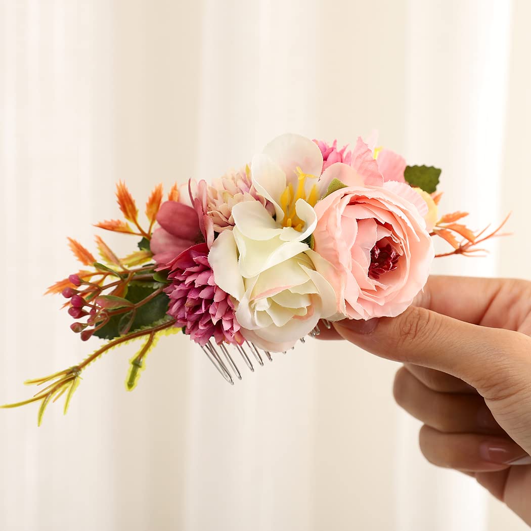 Elegant White Floral Bridal Hair Comb with Rose & Leaf Design - Wedding Hair Accessories for Women & Girls (Pink) | Perfect for Bridal Showers, Weddings & Special Occasions