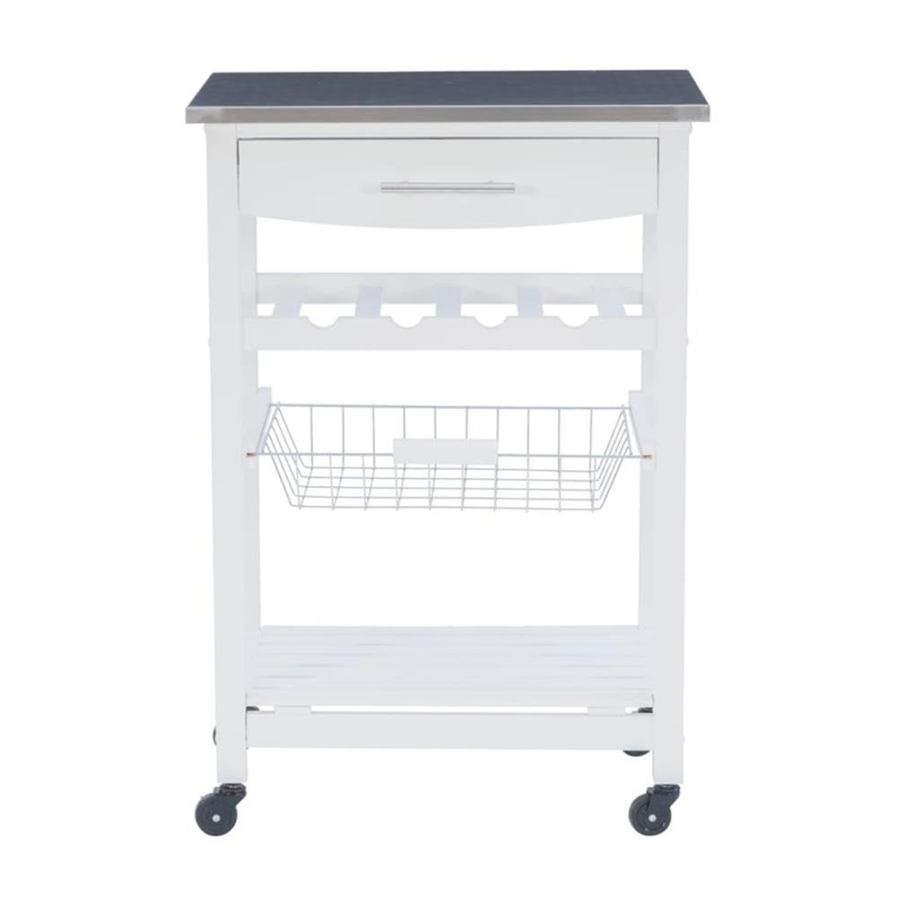 Linon Raven Stainless Steel Rolling Kitchen Island Cart with Wheels, Wine Rack, Pull-Out Drawer & Storage Basket - White | Mobile Microwave Stand for Small Spaces, Extra Counter Space & Kitchen Organization