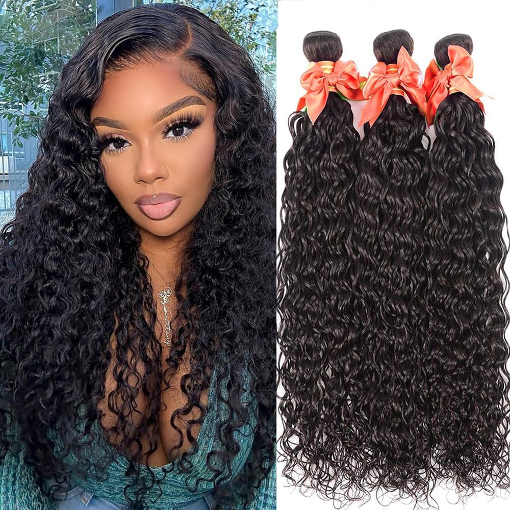 22 24 26 Inch Wet and Wavy Human Hair Bundles | Brazilian Virgin Curly Hair Extensions | 3 Bundles 180% Density Natural Color | Perfect for Daily Styling, Parties & Special Occasions