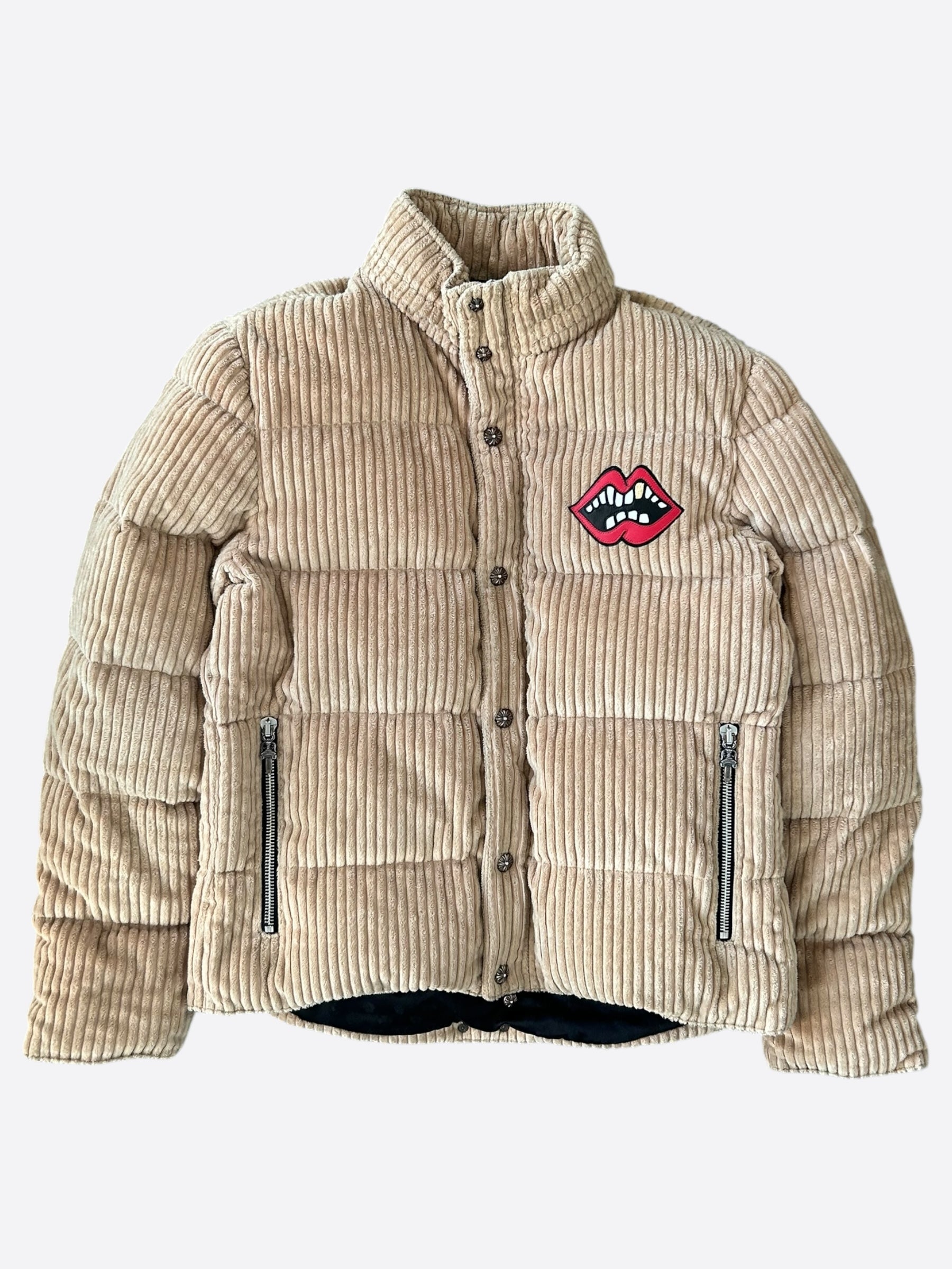 Chrome Hearts Beige Corduroy Chomper Puffer Jacket for Men - Stylish Winter Coat with Hood, Warm Quilted Outerwear for Casual Streetwear & Urban Fashion