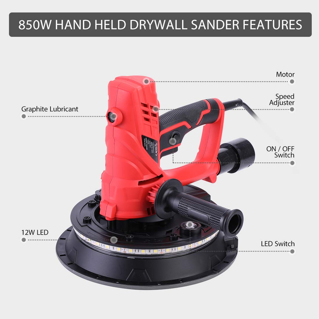 VIVOHOME 850W Electric Drywall Sander with Adjustable Speed, Auto Vacuum System, LED Light & Dust Bag - Perfect for Drywall Sanding, Wall Repair, Home Renovation & DIY Projects
