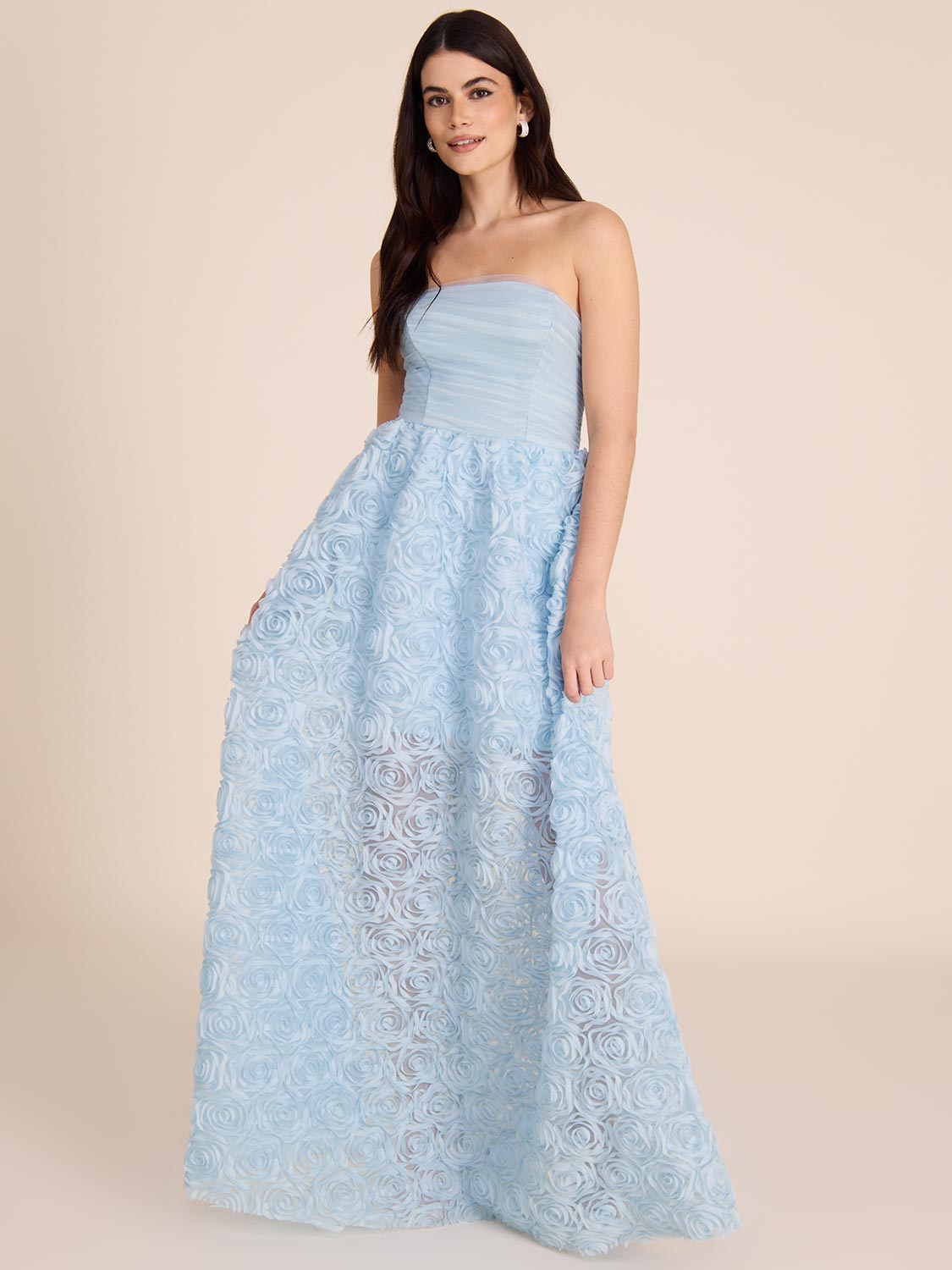 Elegant Strapless Gown with Rosette Skirt - Perfect for Prom, Wedding & Formal Events