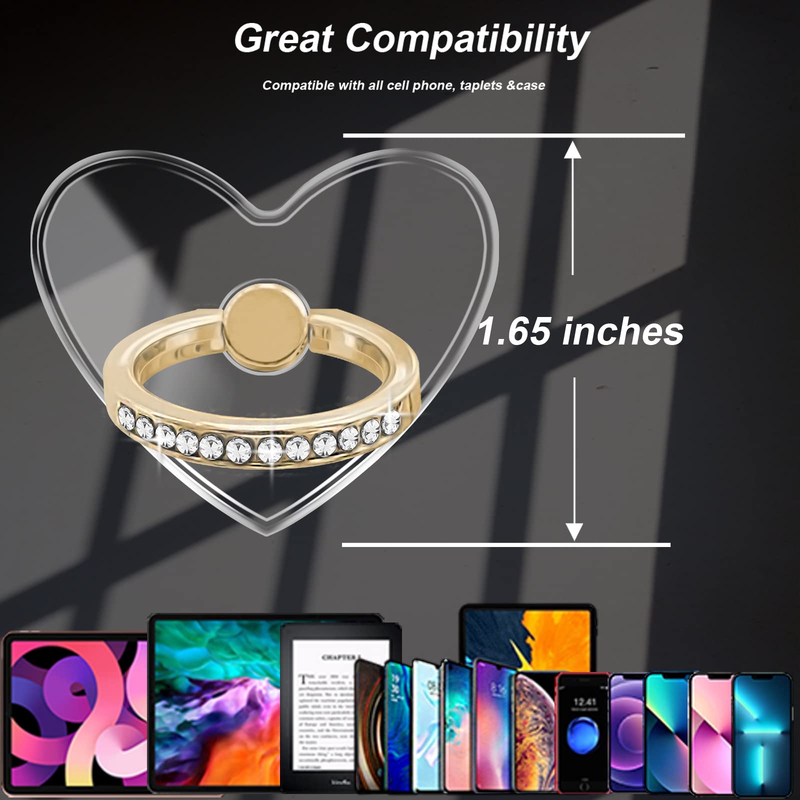 Clear Transparent Phone Ring Holder for Apple iPhone & Samsung Galaxy - Finger Grip Stand for Smartphones & Tablets (Crystal Heart Gold) | Perfect for Hands-Free Viewing, Secure Grip & Easy Carrying