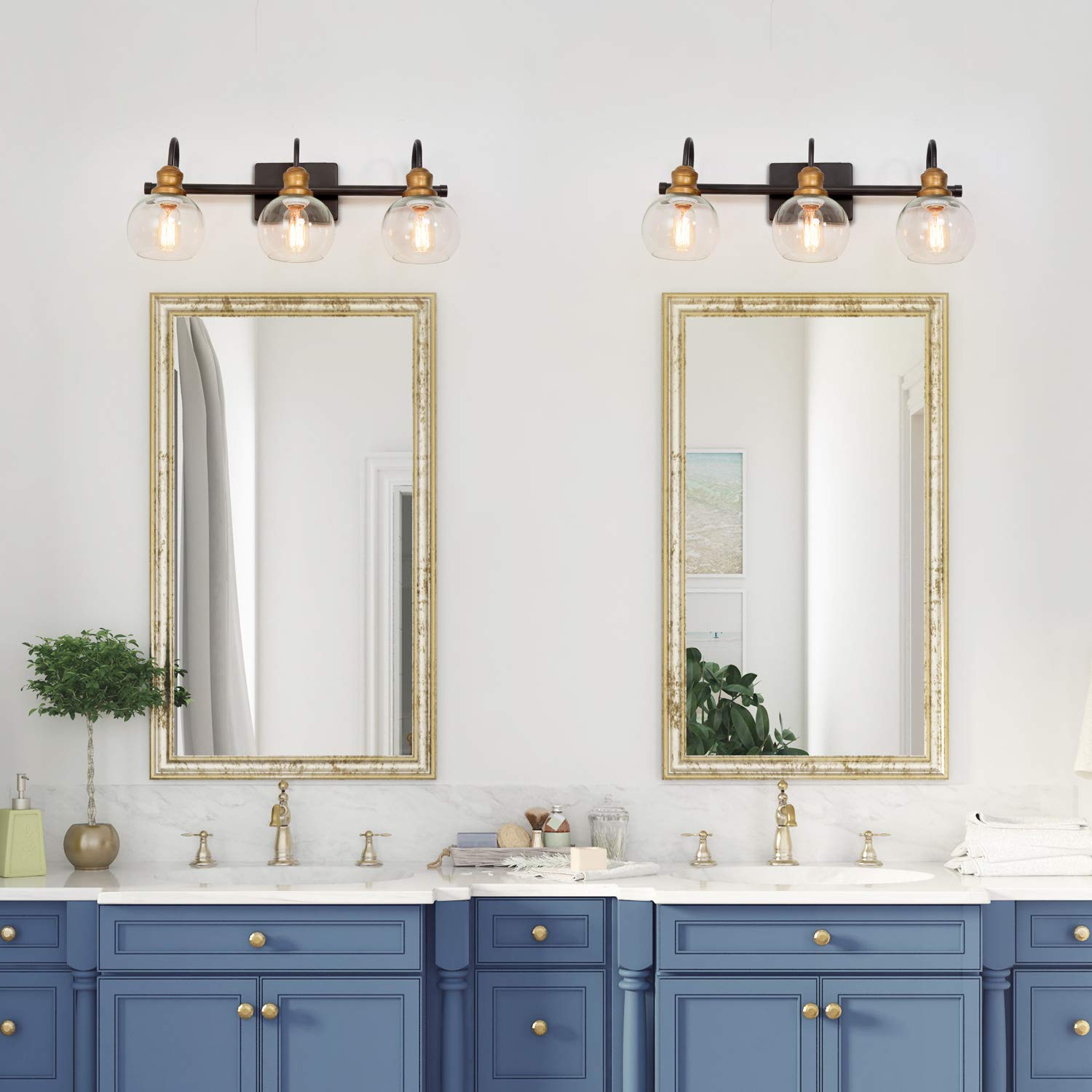 LALUZ Bathroom Vanity Lights - Oil Rubbed Bronze Finish, Antique Gold Socket with Clear Glass Shade - 22.5