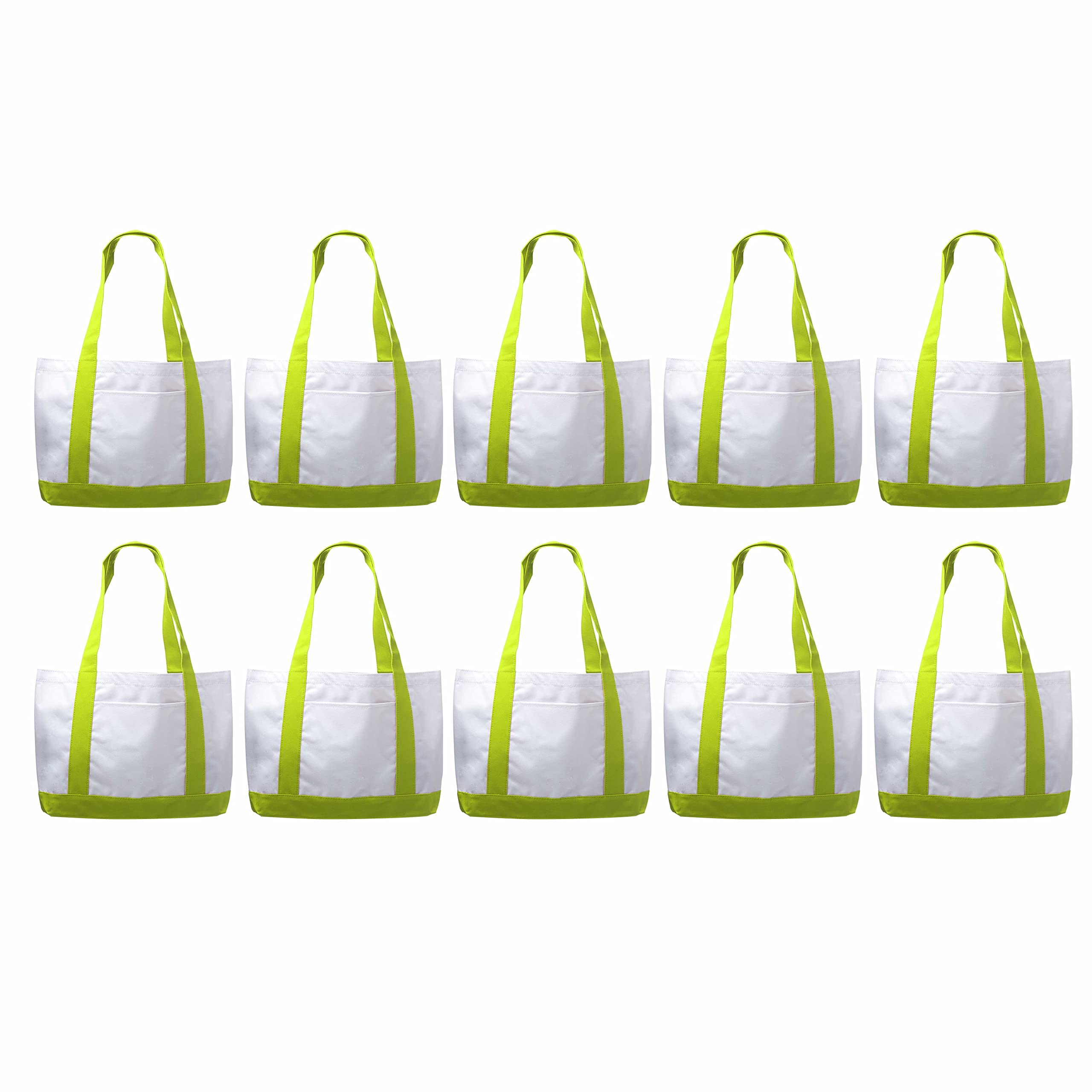 10 Pack Canvas Shoulder Tote Bags with Reinforced Straps & Front Pocket - Durable Polyester Fashion Tote Bags in Green - Perfect for Shopping, Beach, Work & Travel