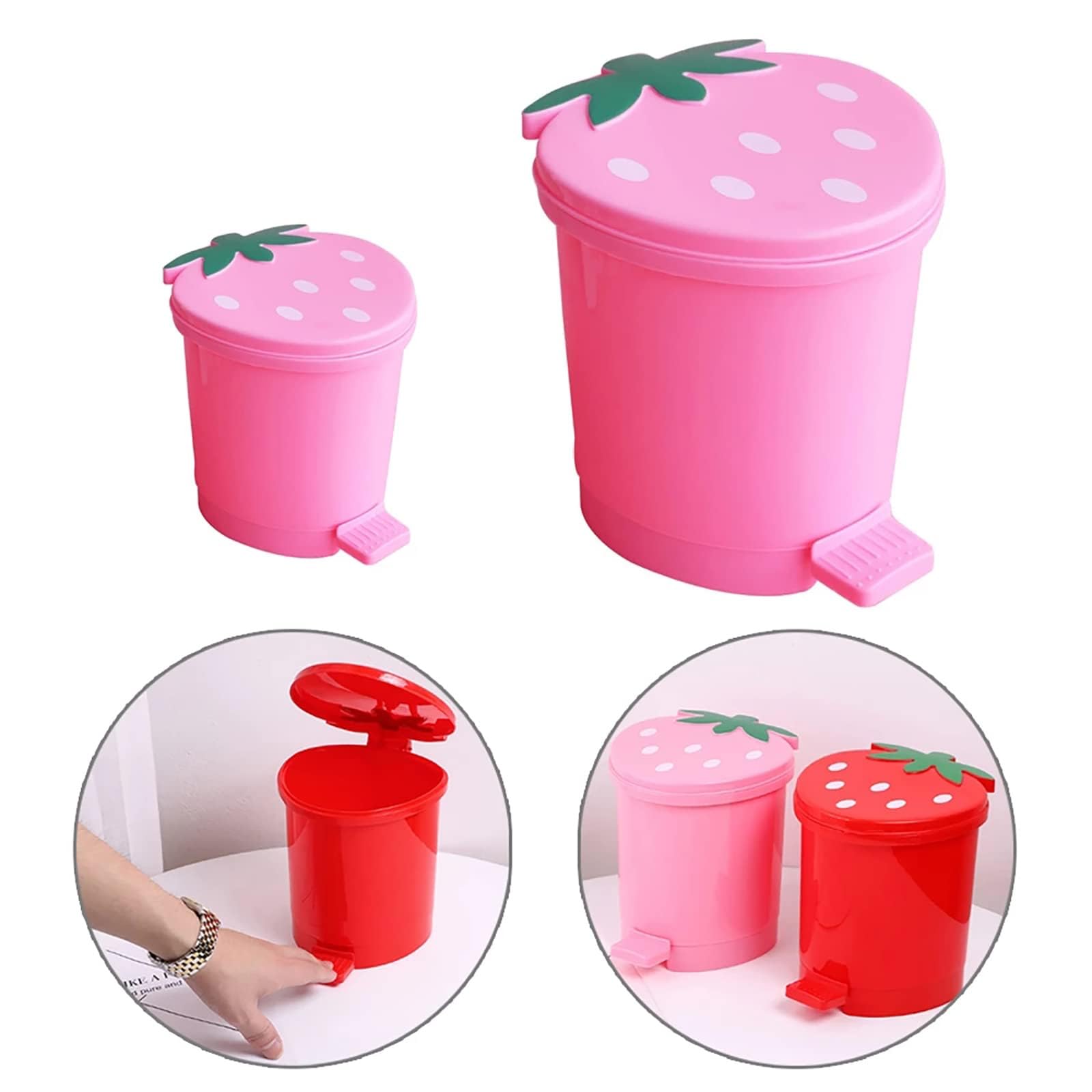 1 Gallon Cute Pink Strawberry Shaped Trash Can with Mini Garbage Bin & 5 Rolls Bags - Kawaii Plastic Waste Bin for Bedroom, Office Desk, Dorm Room Decor - Perfect for Small Spaces, Vanity & Kids Room Organization