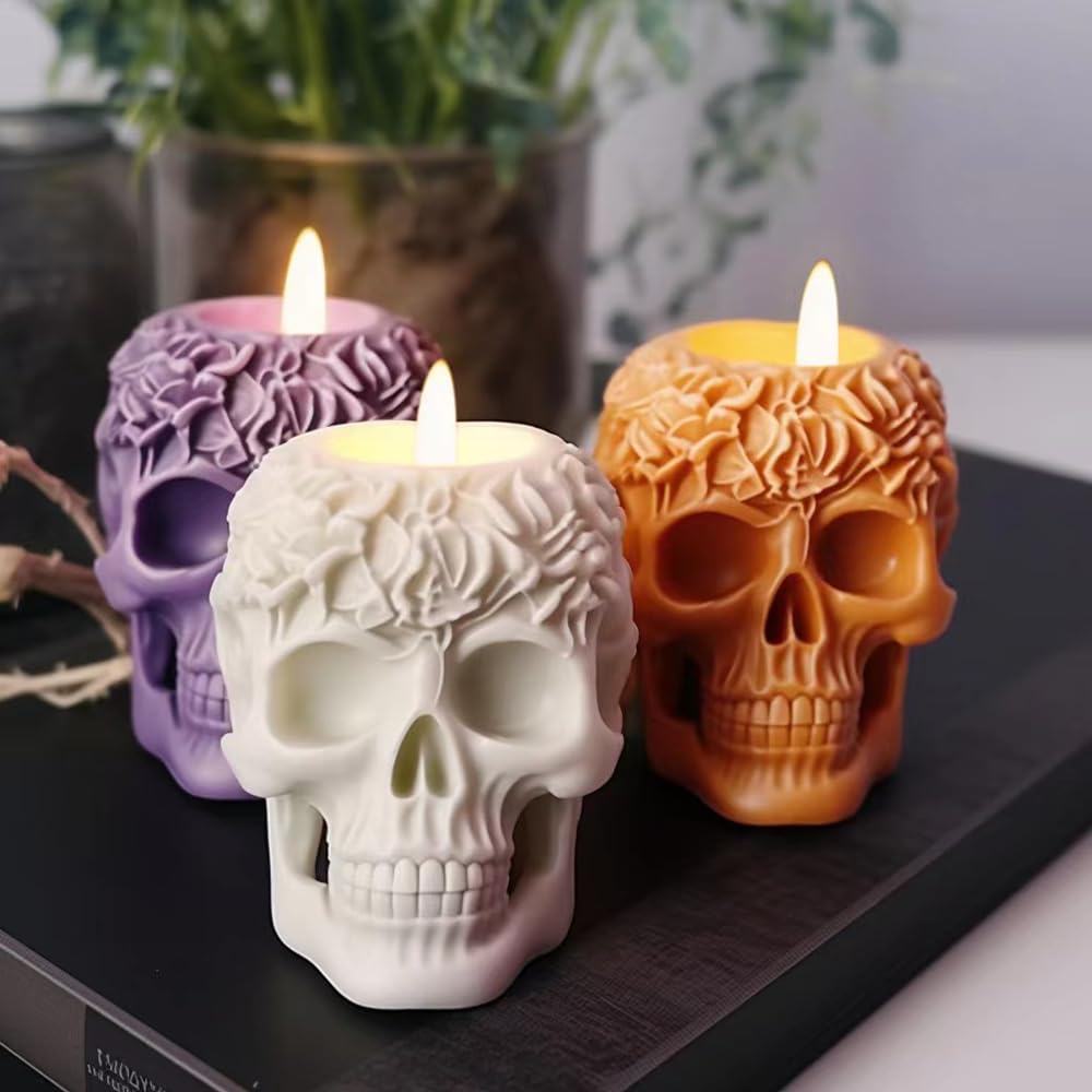 Large 3D Rose Flower Skull Candle Molds - Flexible Clear Silicone Skull Head Molds for Resin, Aromatherapy Candles, Soap, Clay & Ice Cubes - Perfect for DIY Crafts, Halloween Decor & Home Fragrance Projects