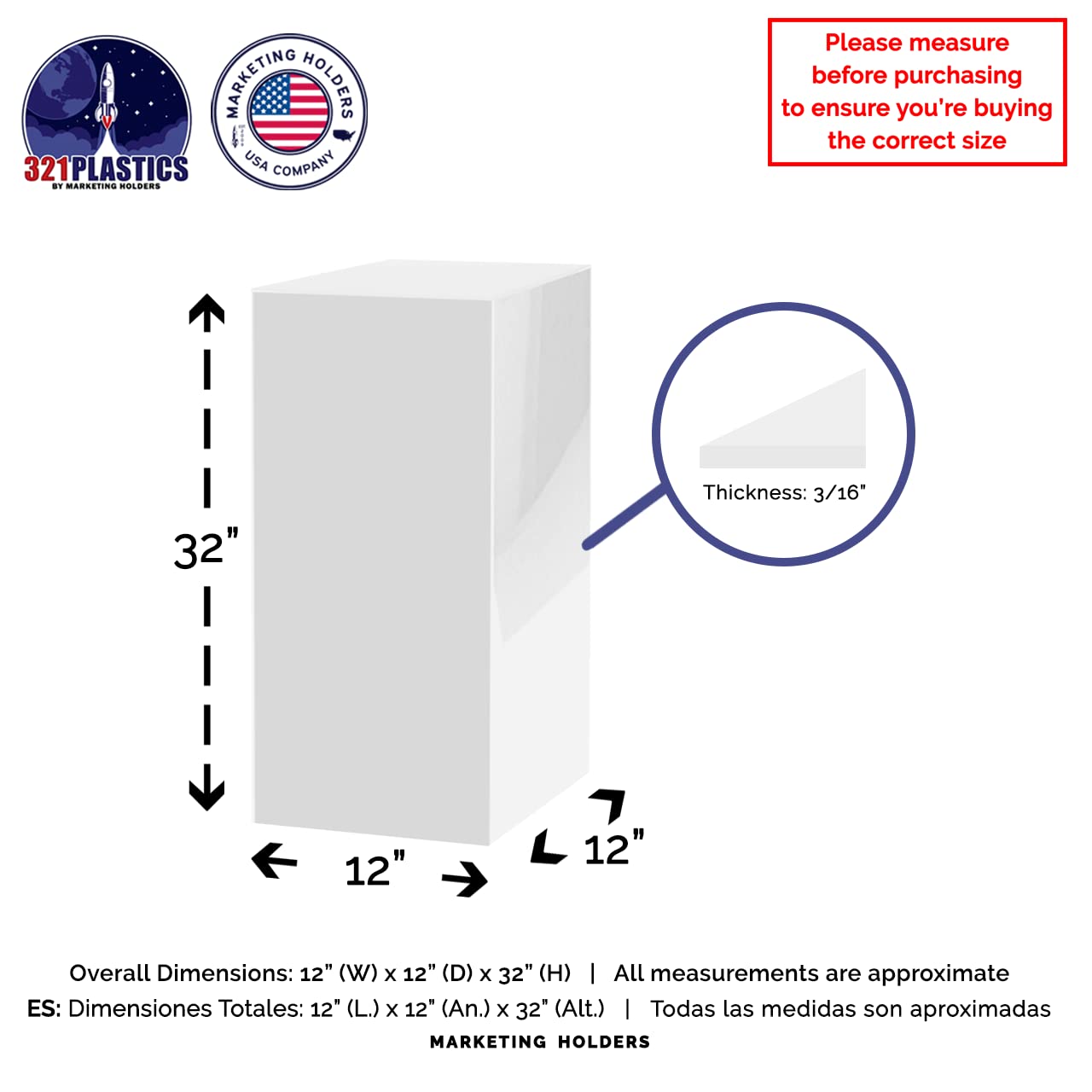 Acrylic Display Stand 12x12x32 Inches - Tall White Lucite Pedestal for Retail, Wedding Decor & Art Sculptures | Plexiglass Column for Flower Arrangements, Centerpieces & Store Displays