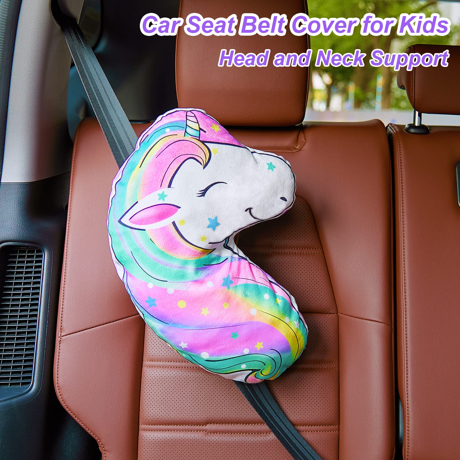 FIODAY Unicorn Seat Belt Cover Pad for Kids - Soft Car Seat Belt Pillow, Toddler Travel Strap Pad with Neck Support for Girls & Boys (Rainbow) - Perfect for Long Road Trips & Airplane Travel