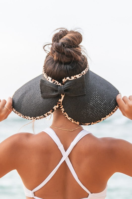 Foldable Straw Hat with Leopard Print Bow Visor - Summer Beach Hat for Women, Outdoor Sun Protection for Travel, Gardening, and Vacations