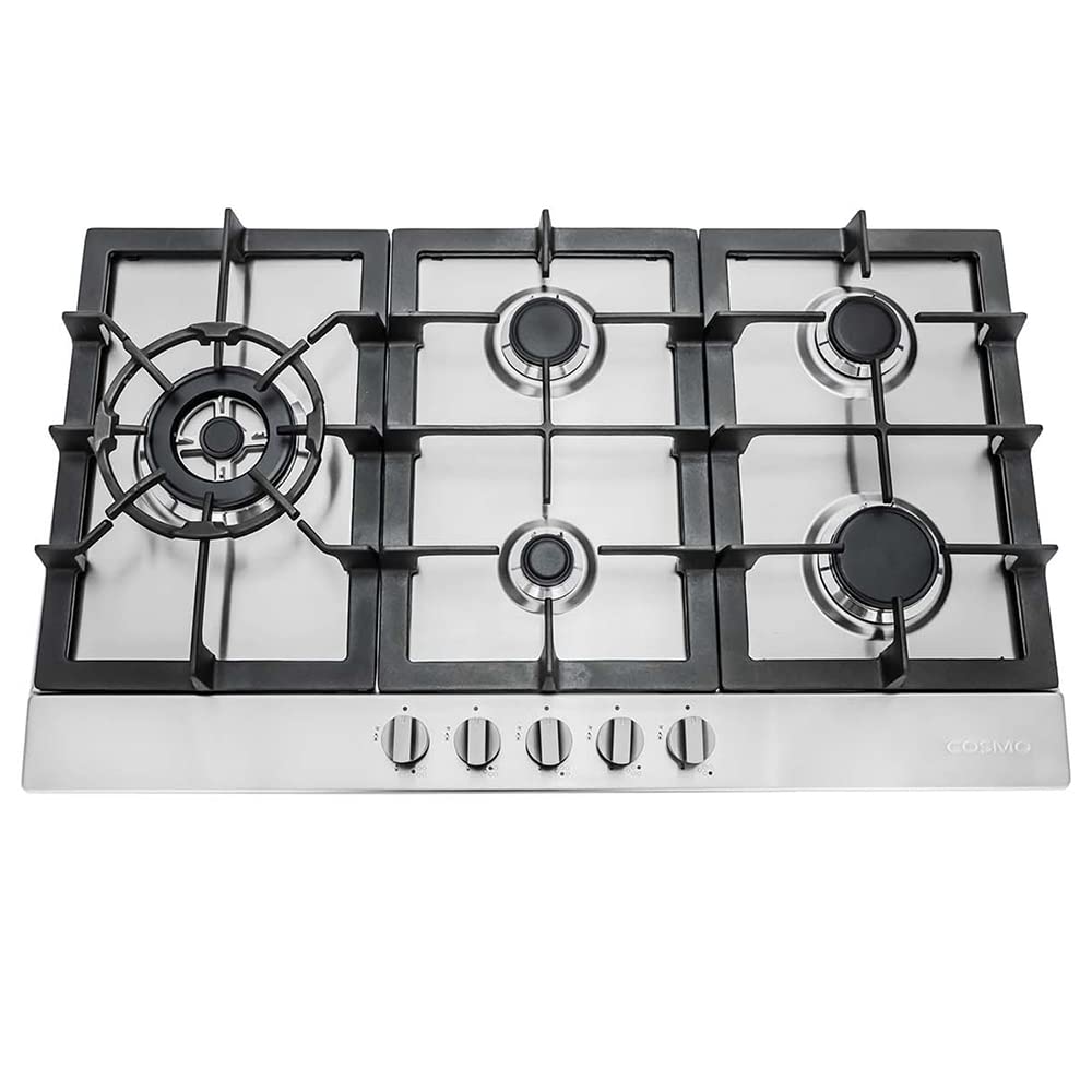 COSMO 850SLTX-E 30 Inch 5-Burner Gas Cooktop with Cast Iron Grates - Stainless Steel Countertop Stove with Melt-Proof Metal Knobs - Perfect for Home Kitchen, RV, Outdoor Cooking & Small Spaces