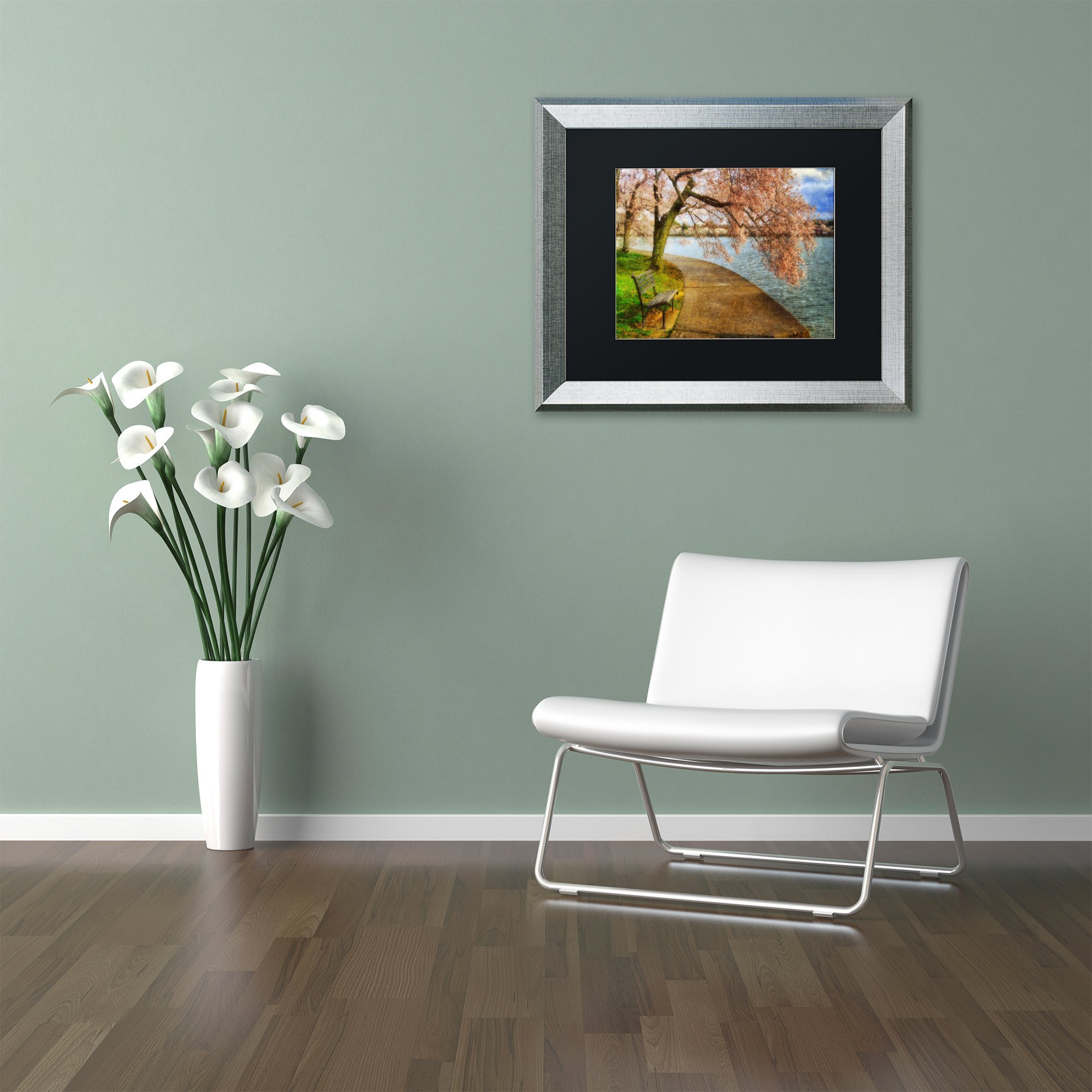 Trademark Fine Art 'Meet Me At Our Bench' by Lois Bryan - 16x20 Inch Silver Framed Canvas Print with Black Matte - Perfect for Living Room, Bedroom & Office Decor