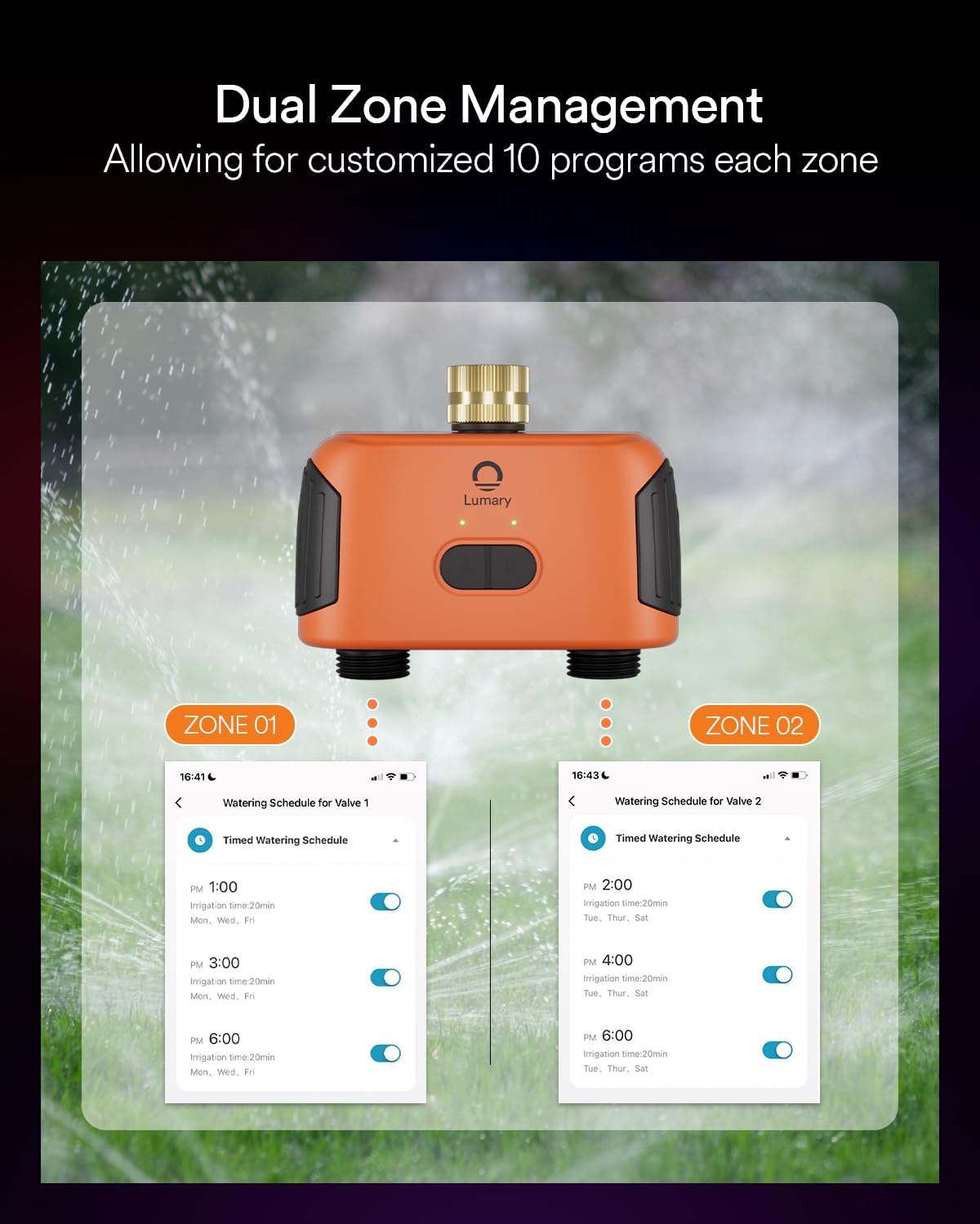 Lumary Smart WiFi Sprinkler Timer 2 Zone - Automatic Garden Hose Water Timer with App & Voice Control (Alexa/Google Assistant) - Brass Inlet Irrigation Controller System with Gateway - Perfect for Lawn, Yard & Garden Watering Automation