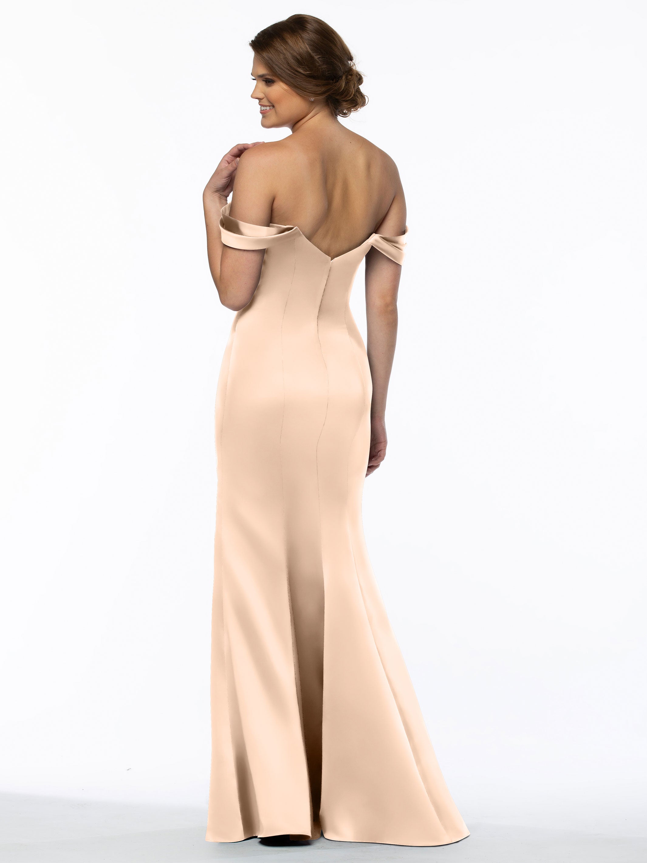 Elegant 80151 Fitted Satin Bridesmaid Dress with Off-The-Shoulder Sleeves - Perfect for Weddings, Formal Events & Special Occasions