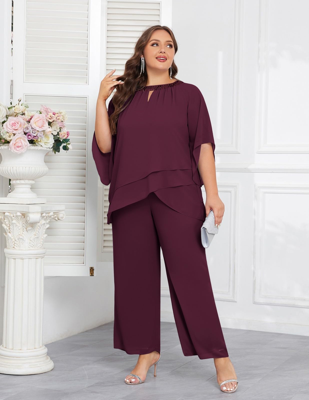 Hanna Nikole Plus Size Mother of the Bride Pant Suit - 2 Piece Chiffon Formal Pantsuit with Half Sleeves for Wedding Guest Outfit | Elegant Wedding Party Attire & Special Occasion Wear