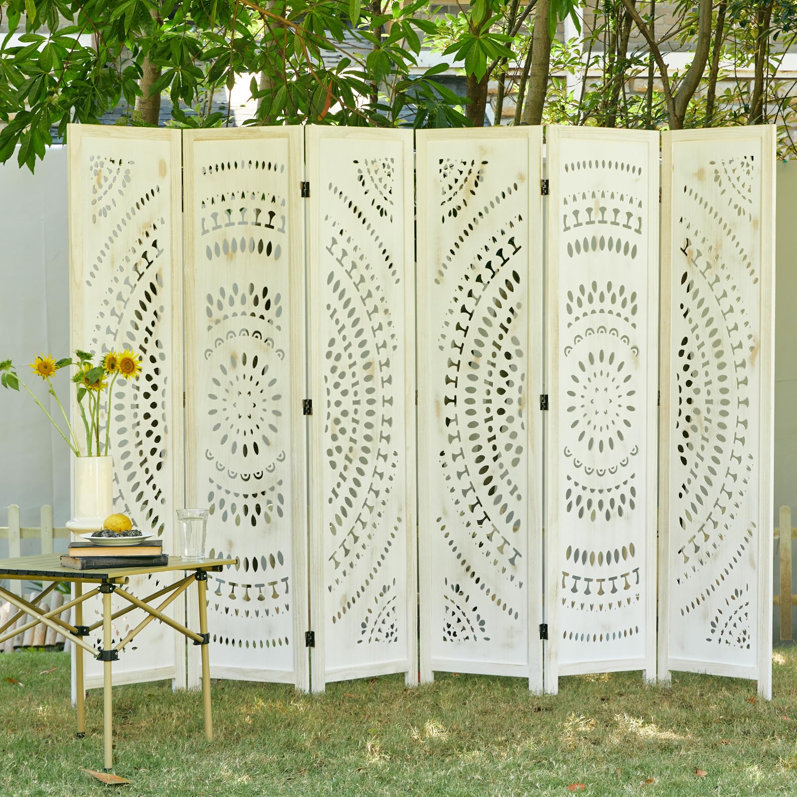 66.9 Inch Folding Room Divider Screen - 6 Panel Wood Carved Privacy Partition for Home, Office, Restaurant & Bedroom - Freestanding & Easy to Assemble (White-Washed) | Perfect for Creating Private Spaces & Room Separation