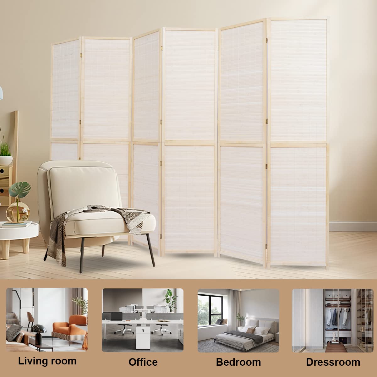 6 FT Tall Bamboo Room Divider - 6 Panel Folding Privacy Screen with Woven Mesh Design, Portable Freestanding Partition for Home, Office & Event Spaces (Beige) | Perfect for Room Separation, Privacy Screening & Decorative Accents