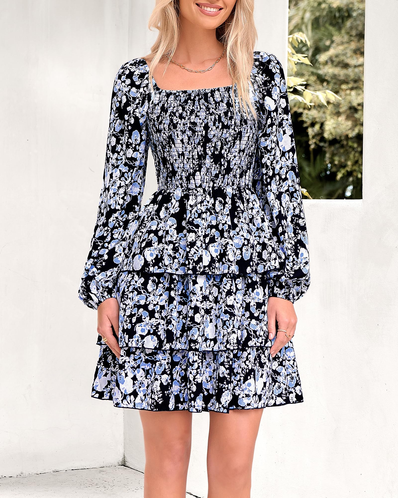 BTFBM Women's Square Neck Smocked Floral Swiss Dot Mini Dress - Long Sleeve Boho Wedding Guest Dress for Spring & Summer 2025 | Perfect for Garden Parties, Bridal Showers & Casual Events