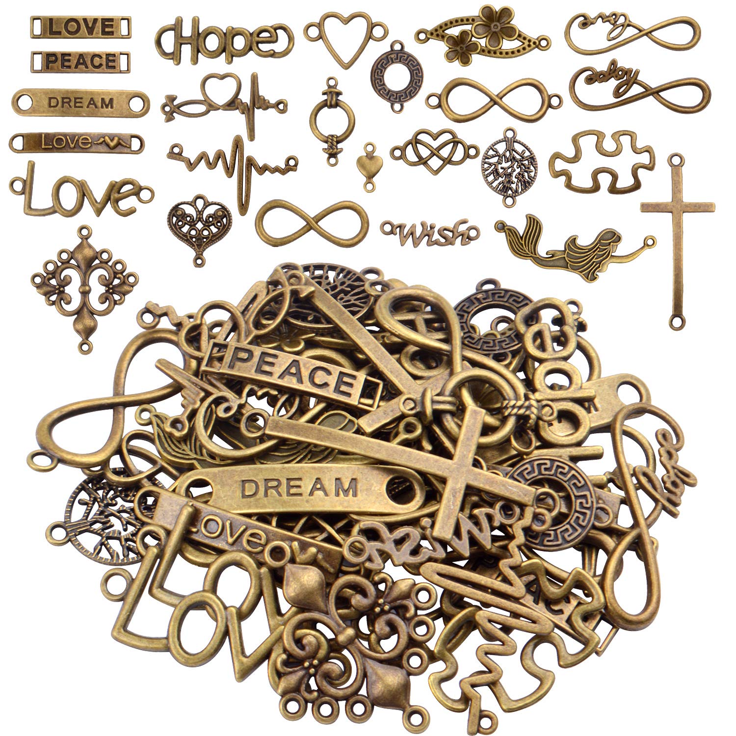 50Pcs Mixed Word Letter Connector Charms - Antique Bronze Infinity Symbol Pendants for DIY Jewelry Making (Necklace/Bracelet) - Perfect for Handmade Gifts, Friendship Jewelry & Craft Projects