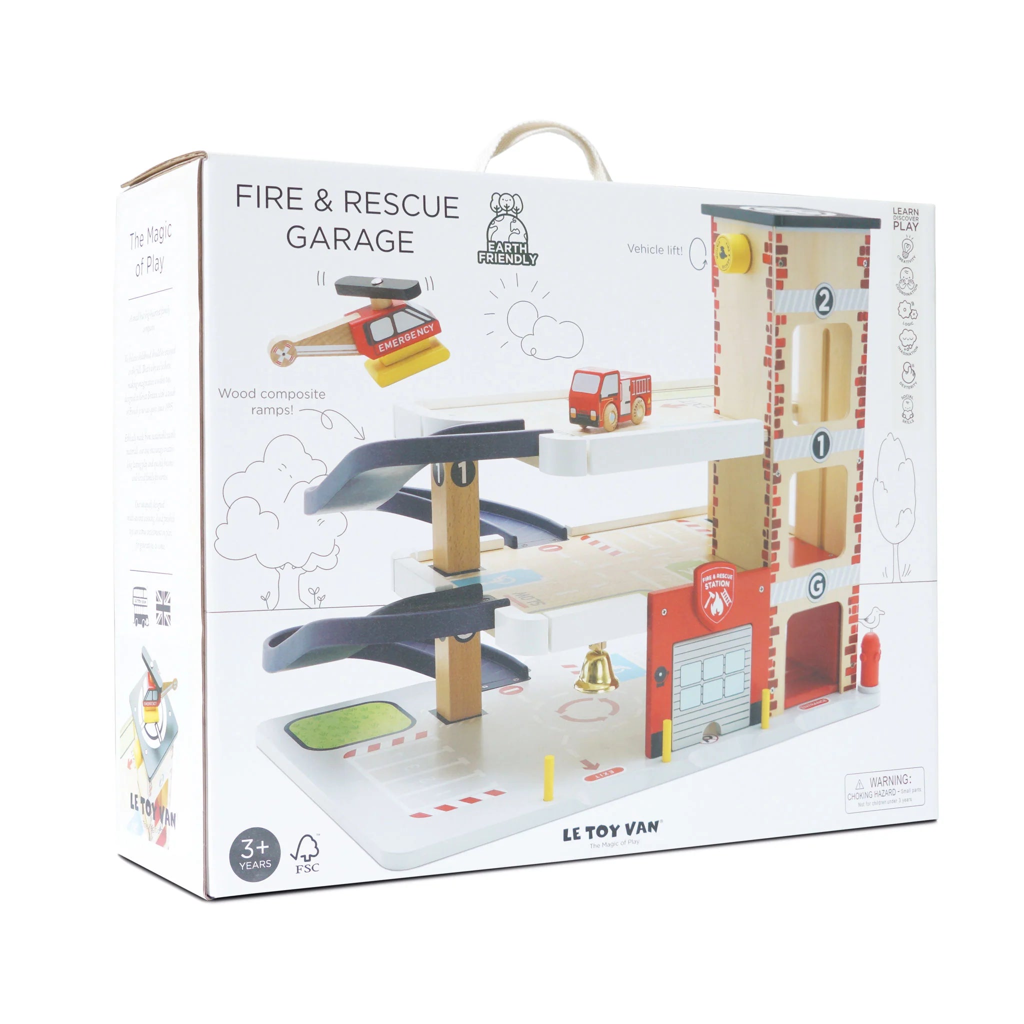 Fire & Rescue Wooden Toy Garage for Kids – Pretend Play Vehicle Storage & Rescue Missions – Perfect for Imaginative Play & Gift Ideas